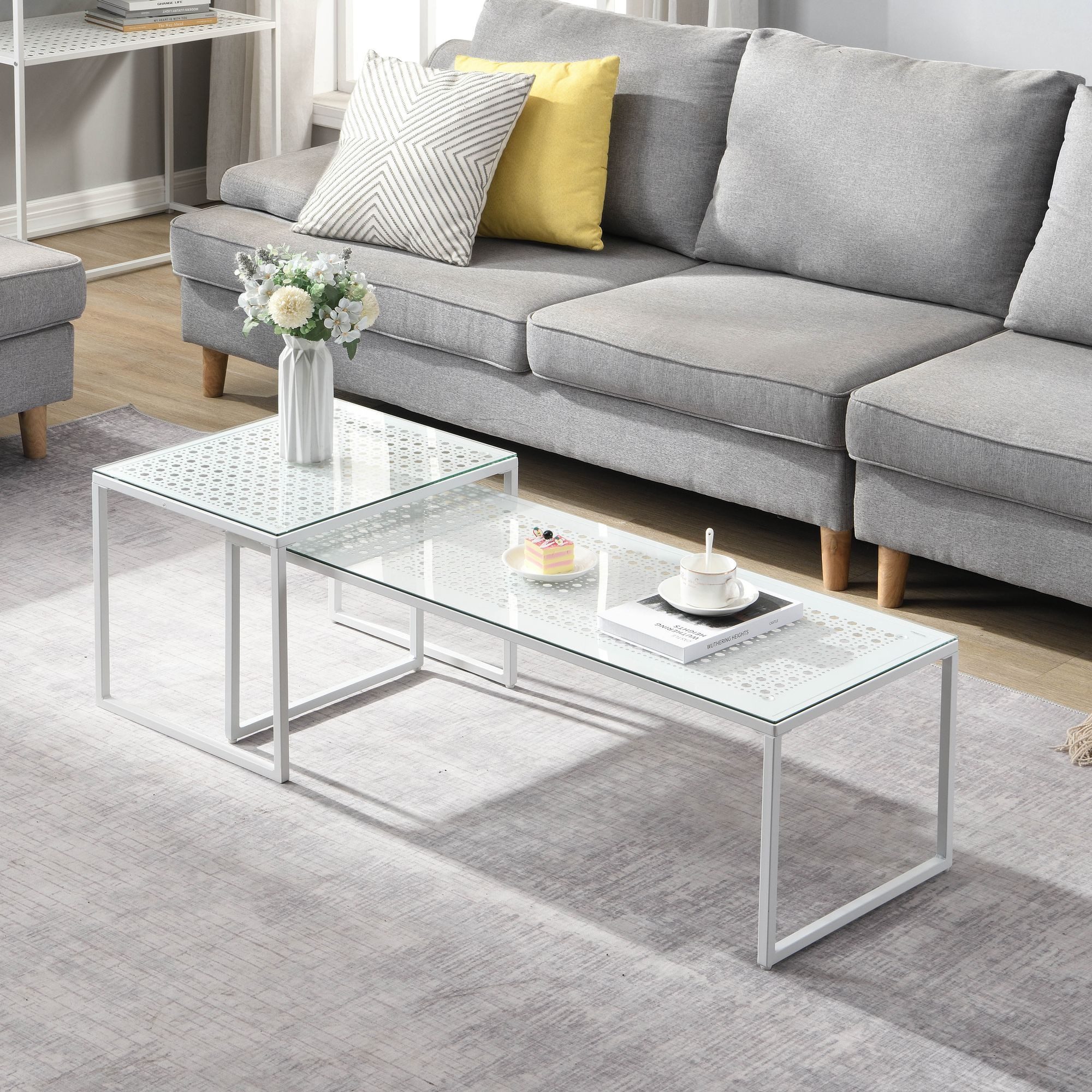FINEBUY Satztisch FB72749 2er Set Glasplatte Metallgestell Couchtisch Sofatisch Modern (Couchtisch 2er Set Glas Metall Platzsparend Weiß), Wohnzimmertisch Modern, Sofatisch 2-teilig