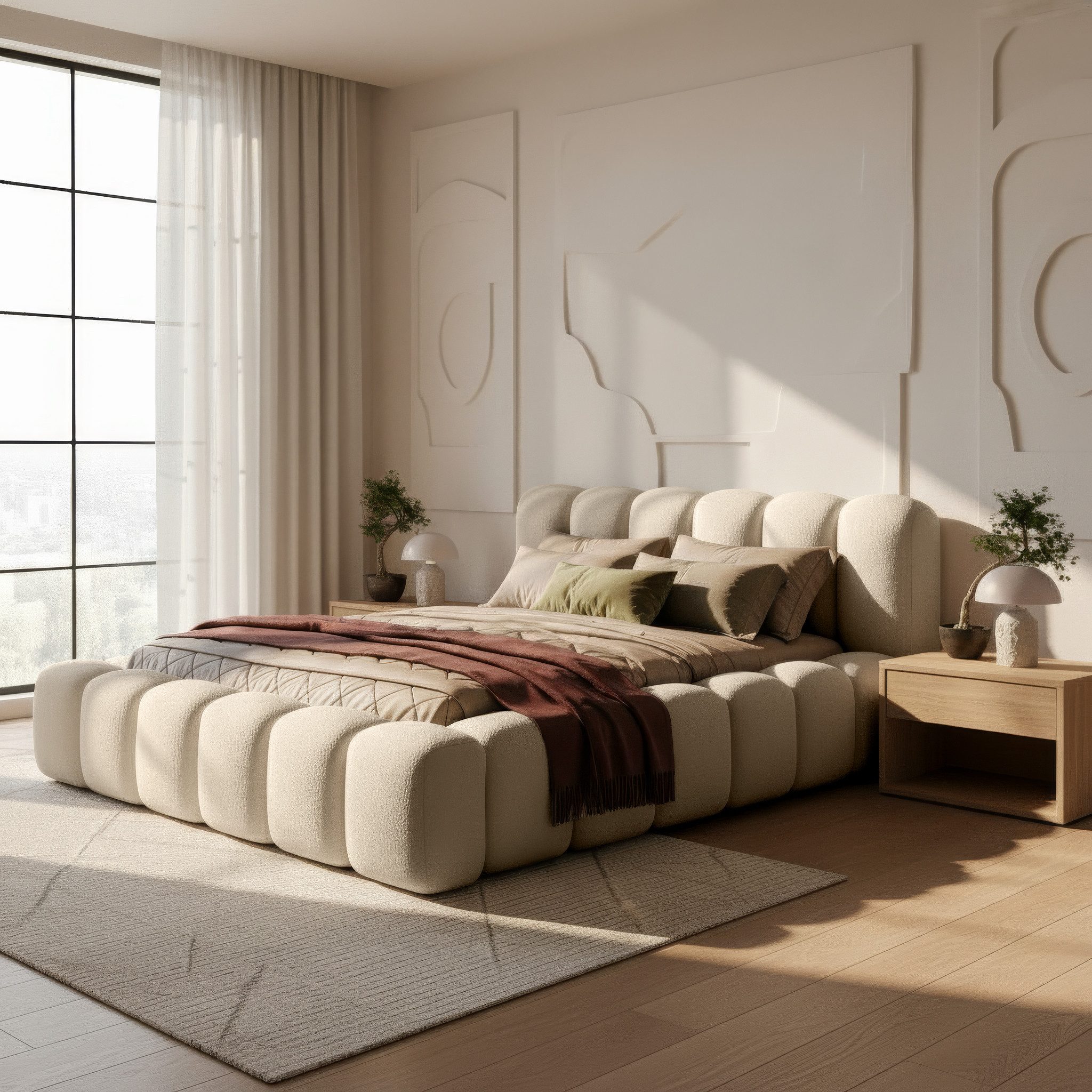 thematys Polsterbett mit Bettkasten, CLOUD 140x200 160x200 180x200 200x200cm (Kopfteil im Oversize-Look und Stauraum – weich, modern und pflegeleicht), hochwertiger Bouclé-Stoff in Kreme und Latte, Inklusive Lattenrost: Holzrahmen,hochwertiger Stoff), hochwertiger Bouclé-Stoff in Kreme und Latte