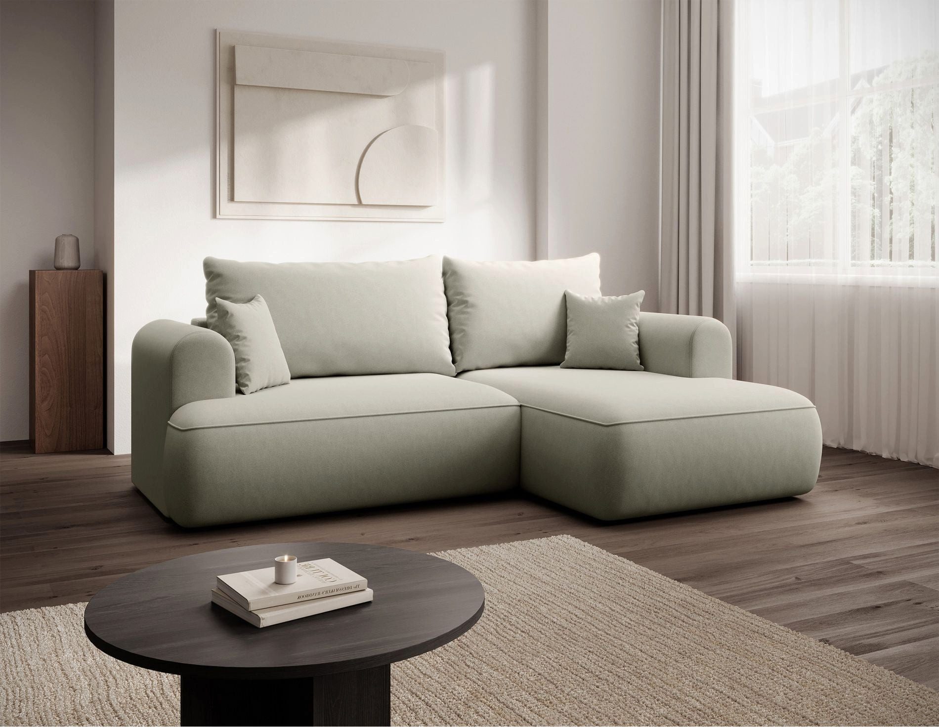 Selsey Ecksofa OVO MINI, Schlaffunktion 124x190 cm, Bettkasten, 2 Zierkissen, Eckcouch