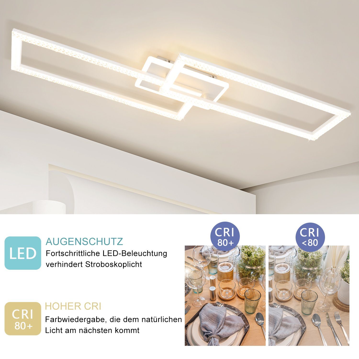 Nettlife LED Deckenleuchte Weiß 56W Deckenlampe Schlafzimmer Küche Kristall mit Fernbedienung, Quadratisch, für Warmweiß, Kaltweiß, 80CM Dimmbar LED integriert, Metall Wohnzimmer fest Neutralweiß