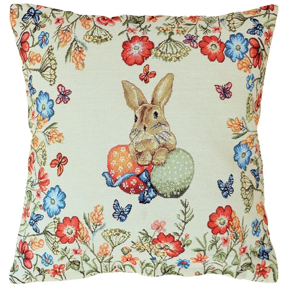 matches21 HOME & HOBBY Kissenbezüge Kissen-Bezug Gobelin Osterhasen Blumen gewebt beige 1 Stk 40x40 cm, (1 Stück), Wohnzimmer Kissen-Hülle als Deko-Kissen Zier-Kissen Sofa-Kissen