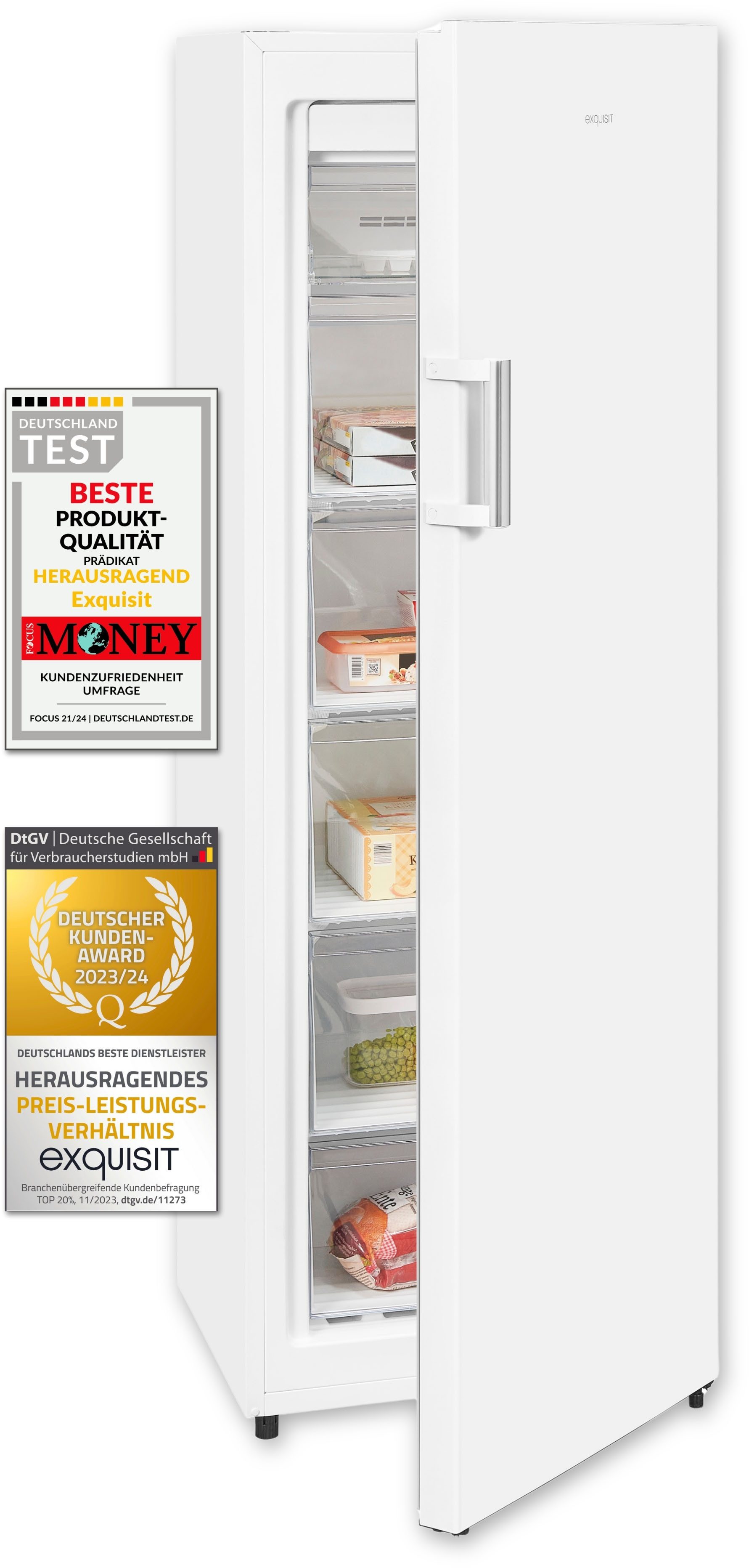 exquisit Gefrierschrank GS271-NF-H-010E weiss, 169,1 cm hoch, 55,9 cm breit, 4*-Gefrierschrank No Frost mit LED-Anzeige & praktischem Griff