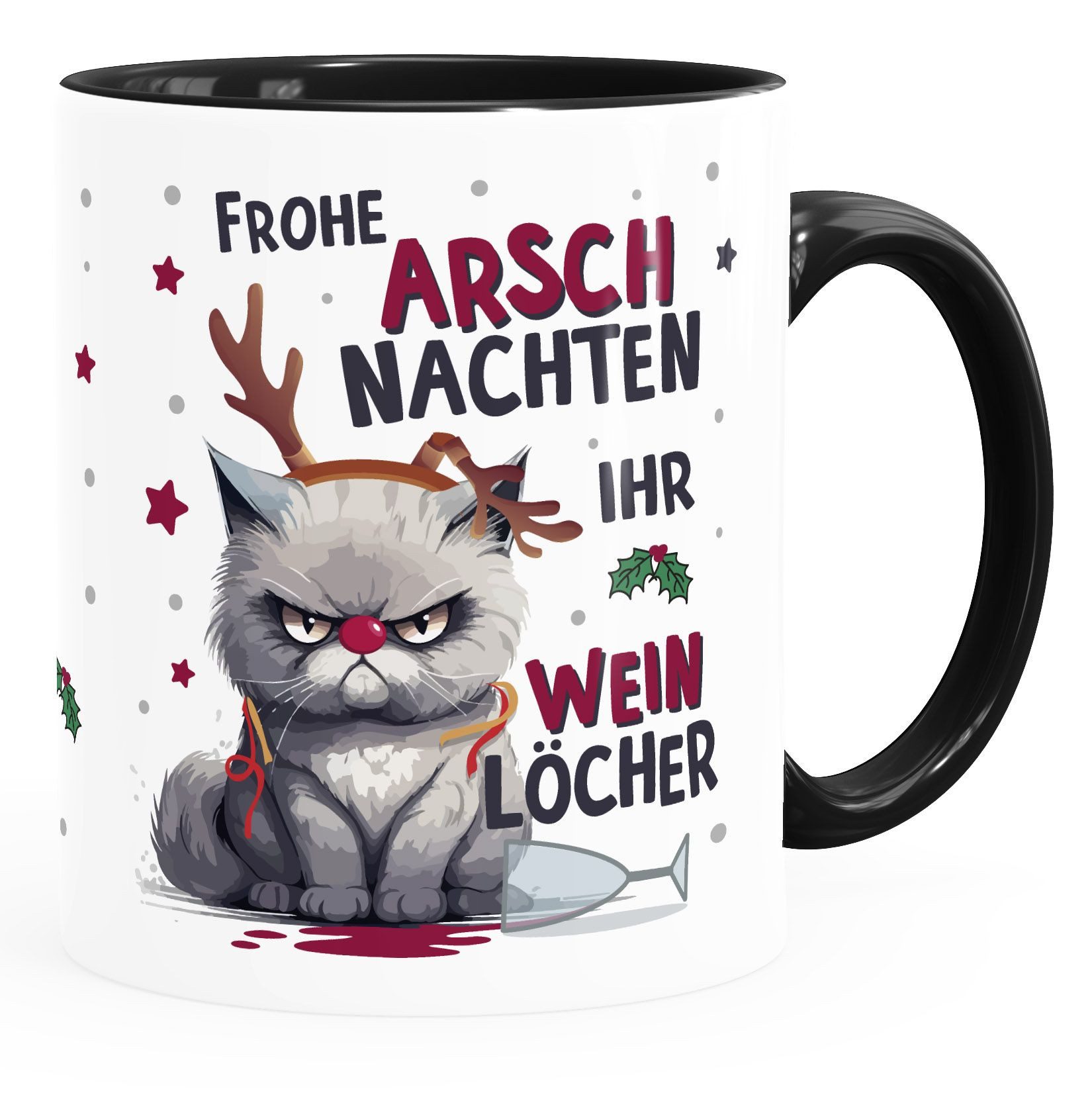 MoonWorks Tasse Kaffee-Tasse Weihnachten Katze Frohe Arschnachten ihr Weinlöcher, Keramik