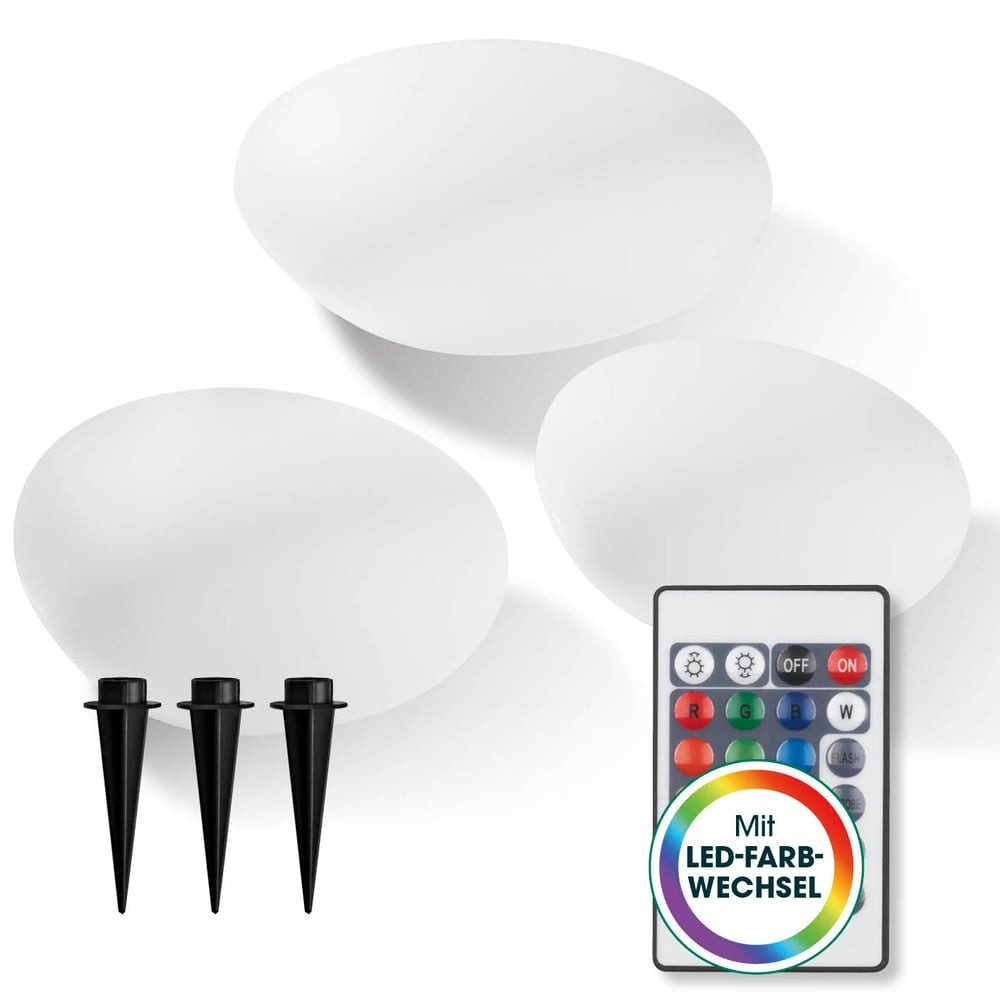 EASYmaxx LED Solarleuchte LED Solarleuchte mit Fernbedienung - 3 kaltweiße Leuchten Solarbetrieb, Stein Form, mit Farbwechsel - dimmbare Helligkeitsstufen, 12 Farben, 5 Leuchtmodi