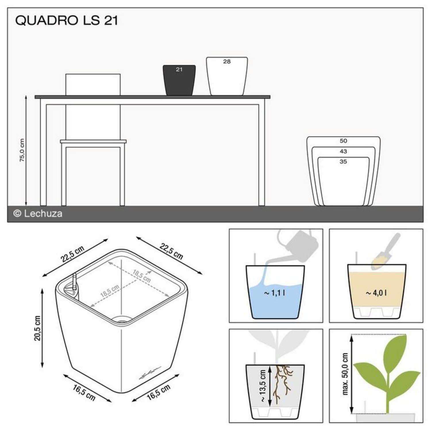 Lechuza® Lechuza silber Pflanzkübel 1 LS metallic 21 Quadro Pflanzgefäß