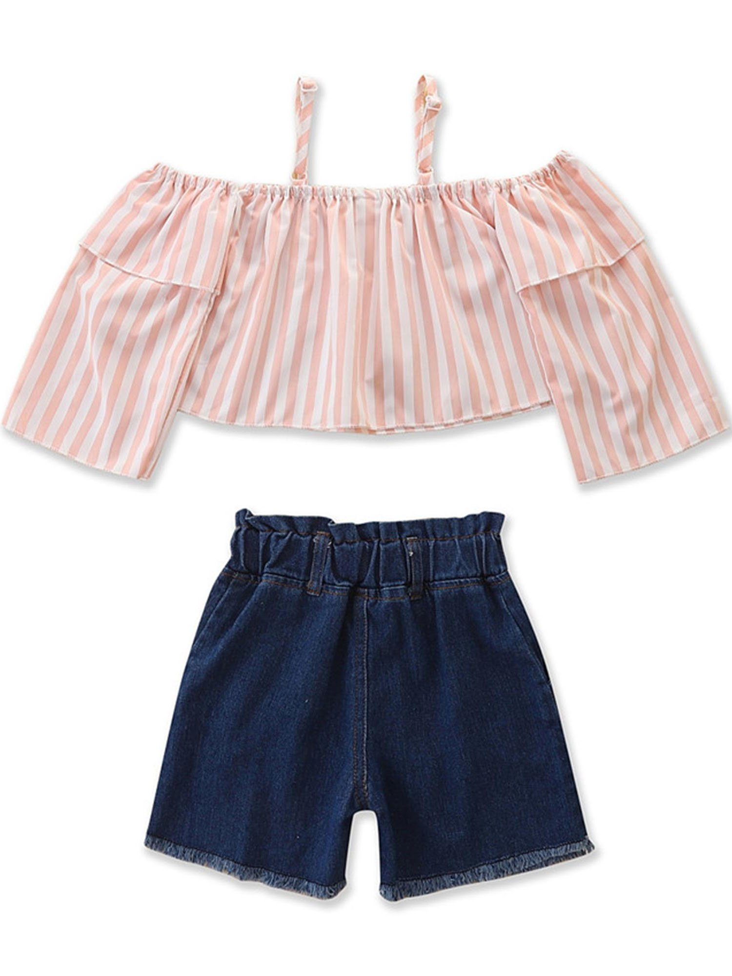 Kinder Mädchen (Gr. 50 - 92) Lapastyle Shirt & Shorts Sommeranzug für Mädchen, gestreiftes Hosenträger Oberteil und Jeansshorts