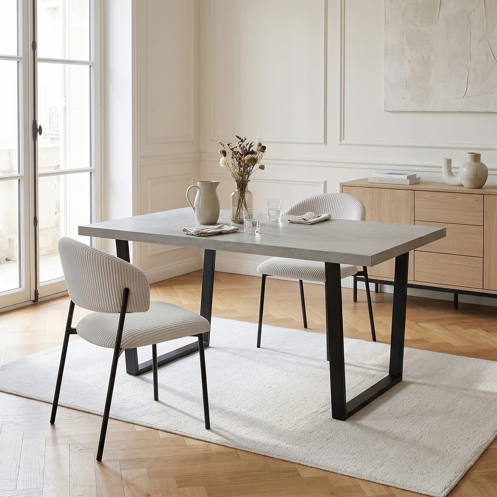 Jiexi Essgruppe Essgruppe 110x70cm MDF-Platte fix Tisch mit Cord-Polsterstühlen