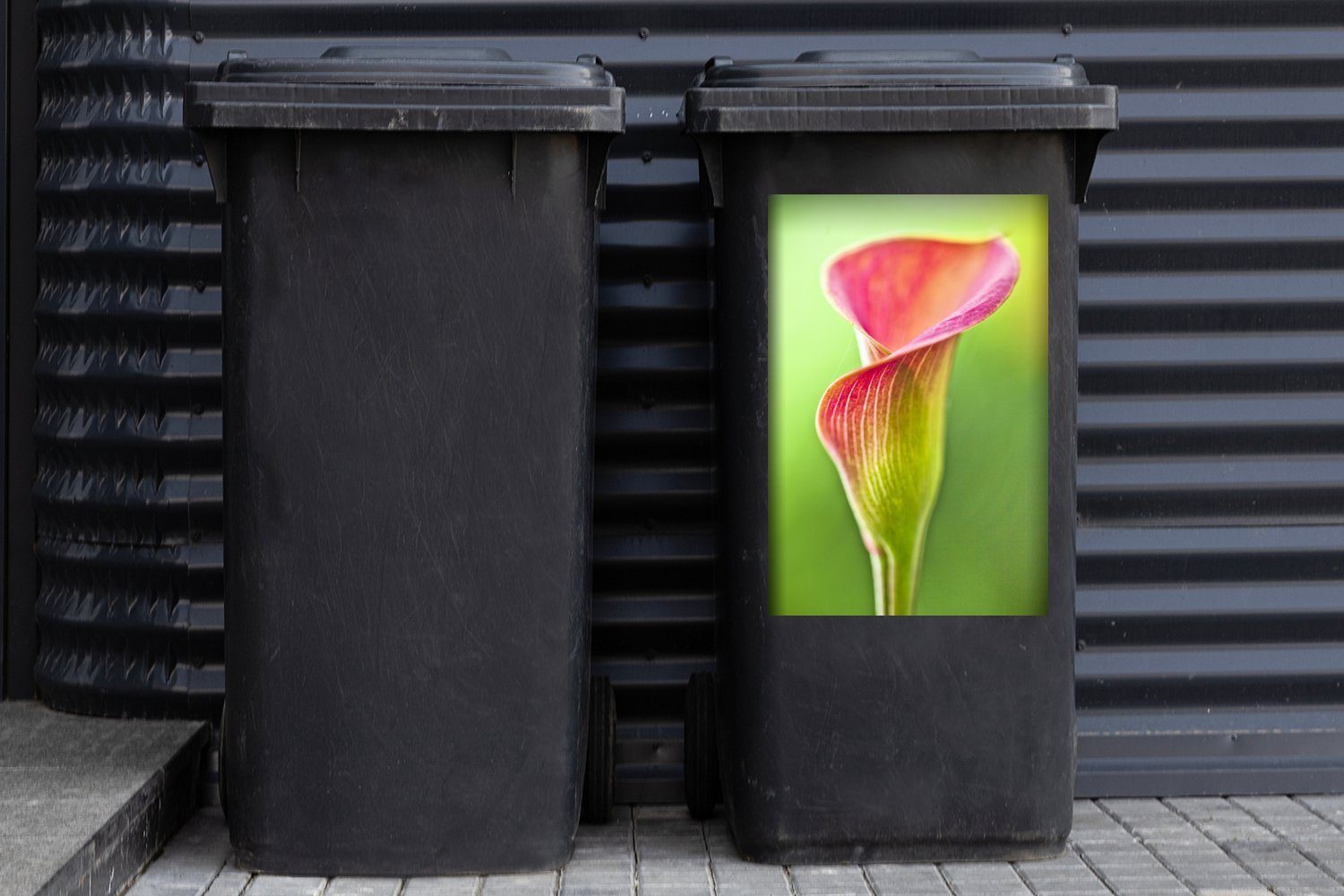 MuchoWow Wandsticker Bunte Calla-Blume auf grünem Mülleimer-aufkleber, (1 Abfalbehälter St), Hintergrund Container, Sticker, Mülltonne