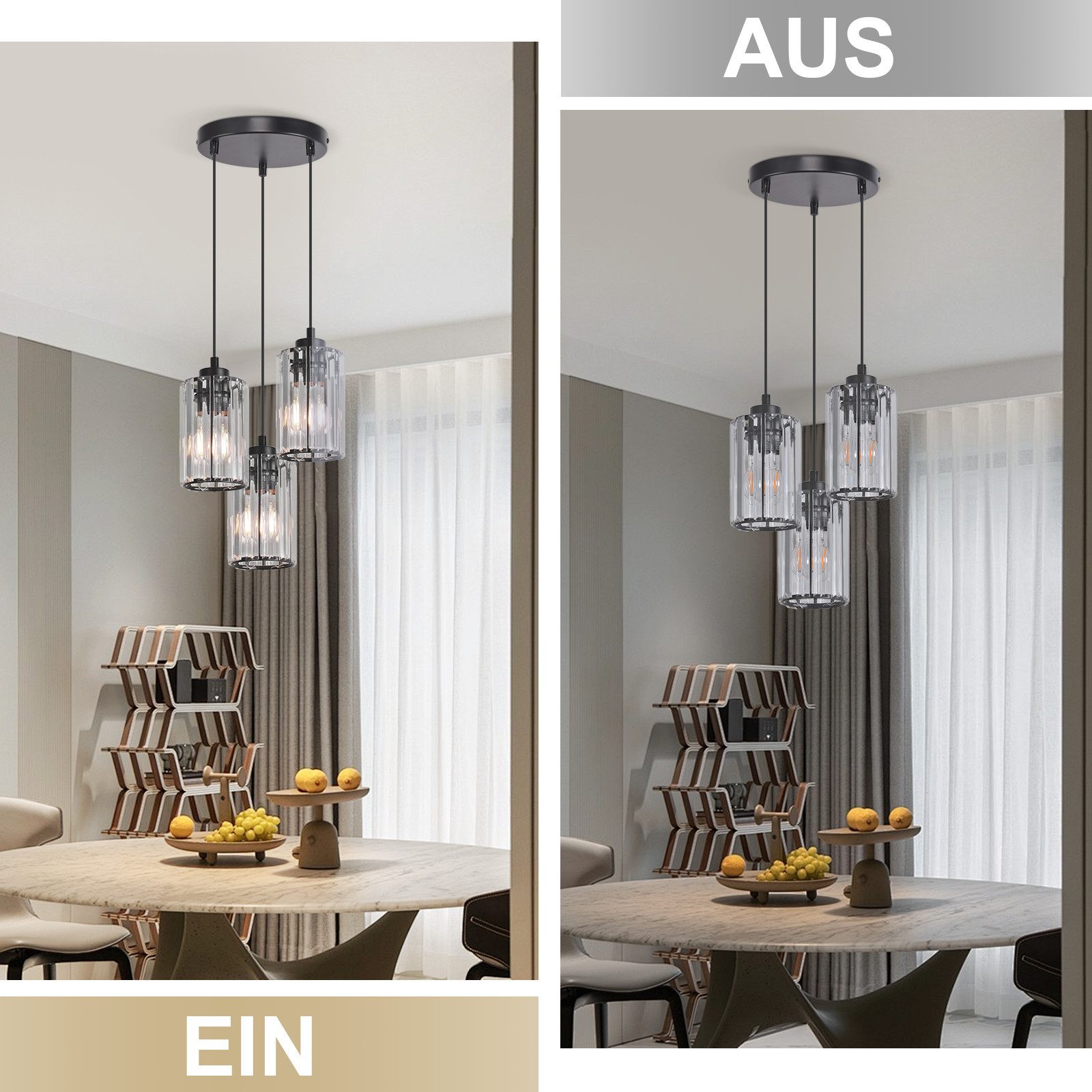 Nettlife Pendelleuchte Kristall Modern Wohnzimmer 3 Flammig E27 Schwarz Esstisch Hängeleuchte, Höhenverstellbar, LED wechselbar, Pendellampe für Küche Esszimmer Schlafzimmer