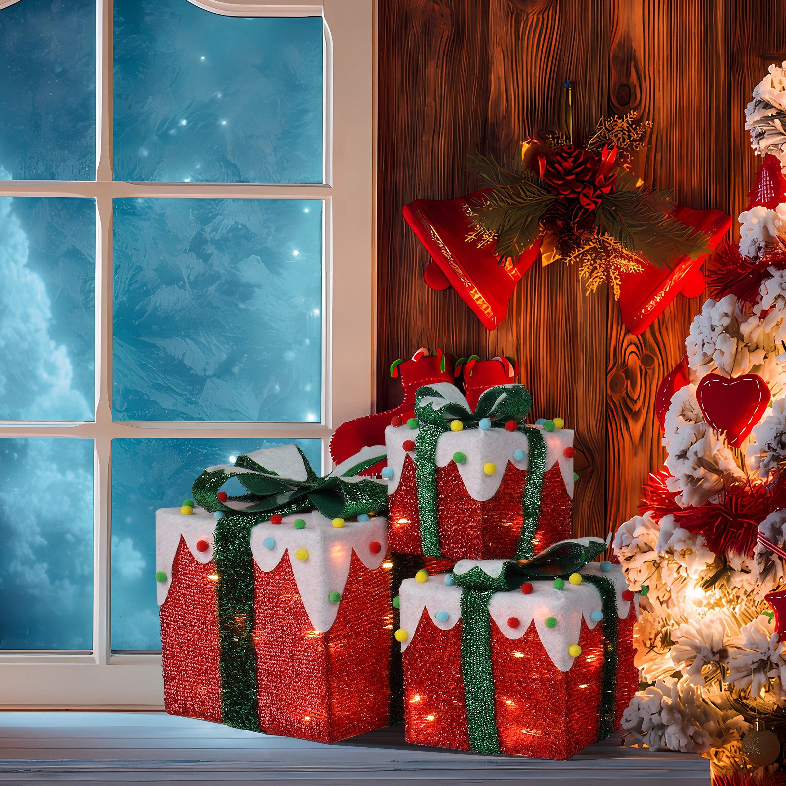 LALAHO LED Dekolicht LED Geschenkbox Weihnachtsdeko 3er Set, mit 60 warmweißen LEDs Weihnachtsdeko beleuchtete 18/13/10 cm
