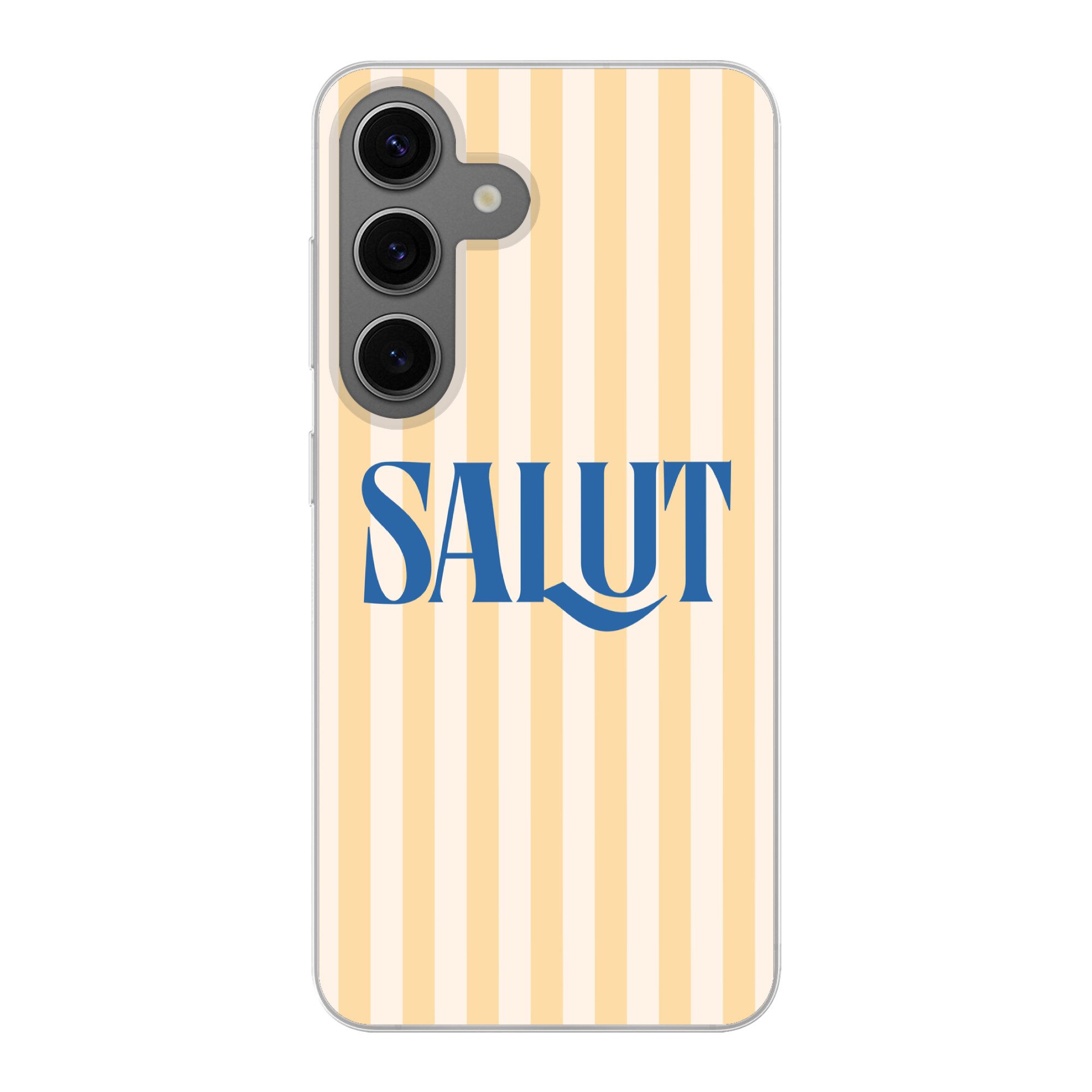 MuchoWow Handyhülle für Samsung Galaxy S24 Salut - Zitat - Streifen - Gelb - Blau - Weiß, Phone Case, Silikon, Schutzhülle Dünn