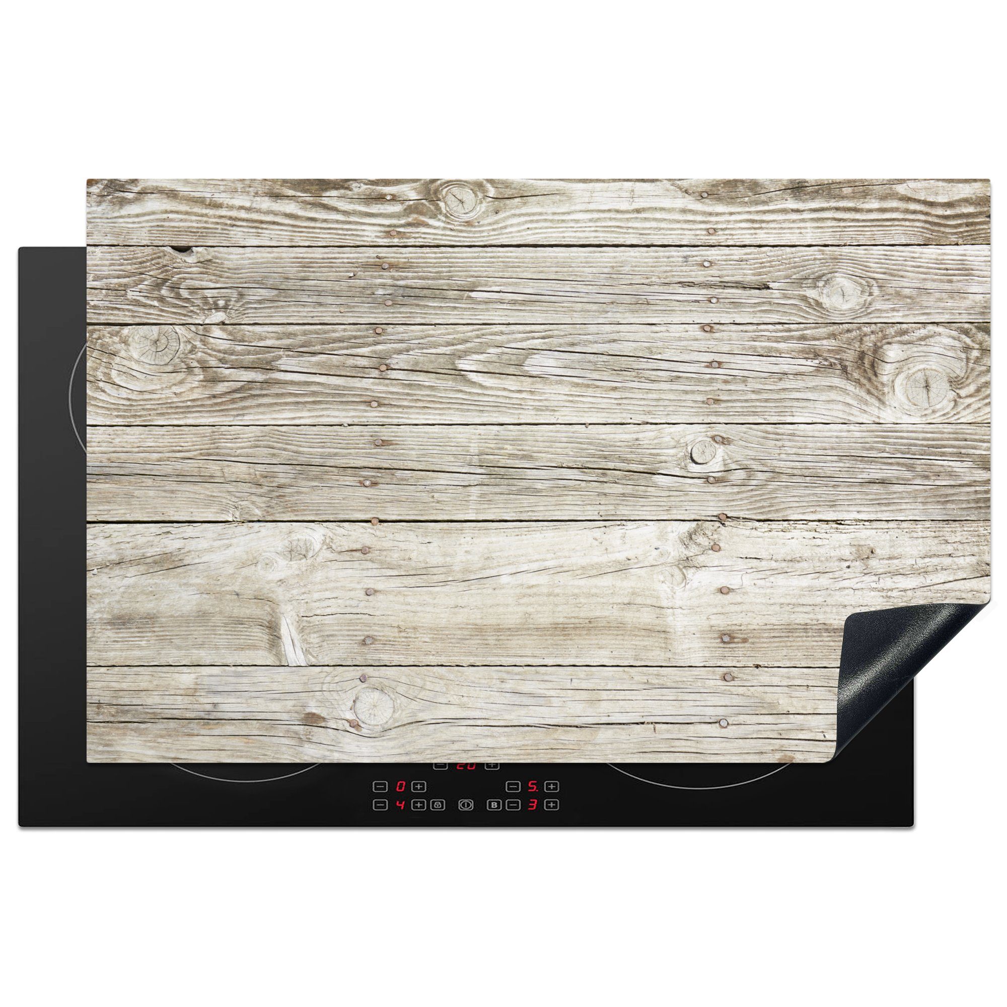 MuchoWow Herdblende-/Abdeckplatte Eine helle Holzwand als Hintergrund, Vinyl, (1 tlg), 81x52 cm, Induktionskochfeld Schutz für die küche, Ceranfeldabdeckung