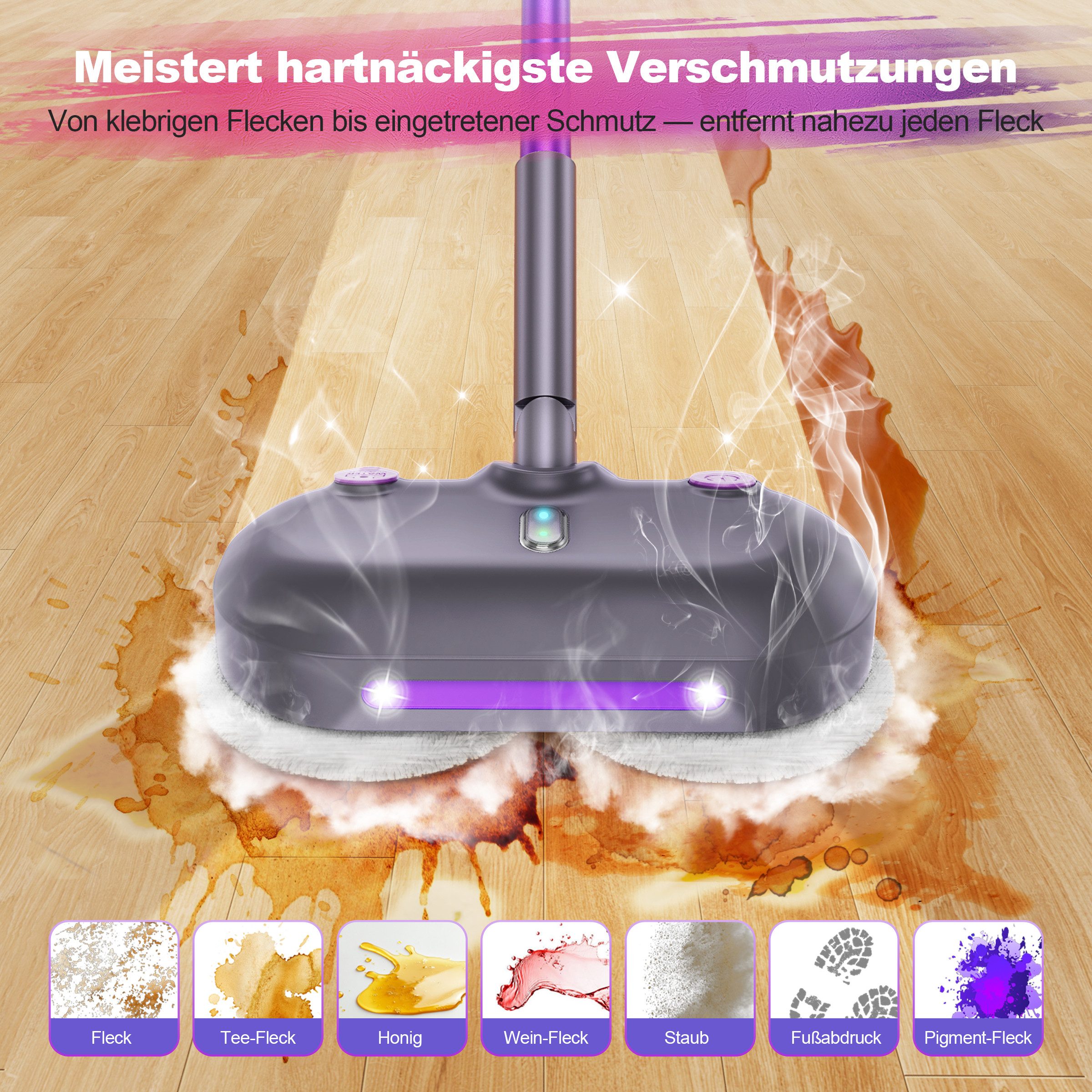 INSE Dampfreiniger F6 E-rotier-Dampfmop mit 450‑ml‑Wassertank/höhenverstellbar/LED‑Blt., 1500 W, 4 waschbare Mikrofaser‑Pads/7m Netzkabel für Fliesen/Laminat/Ha – Bild 2 von 5
