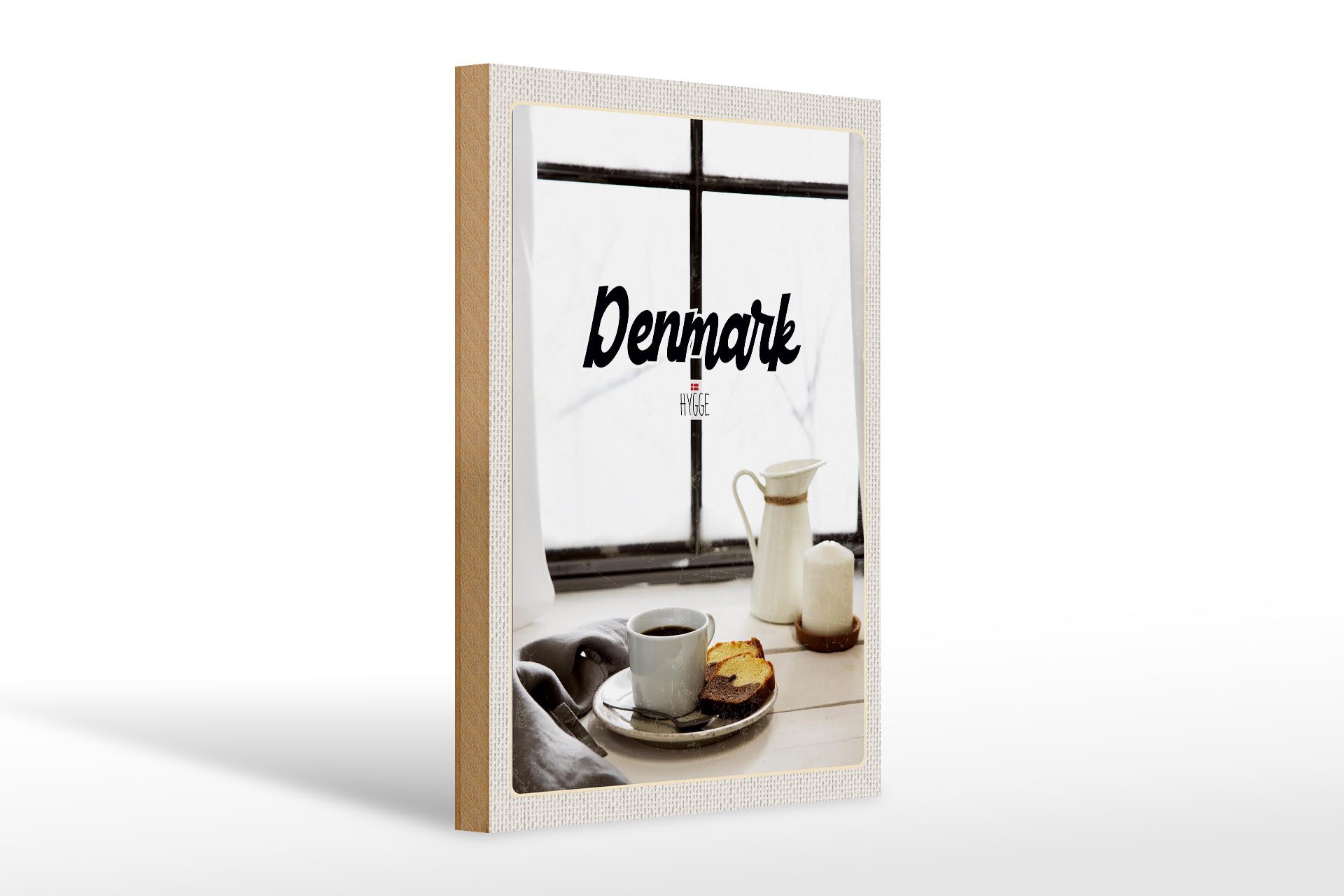 Holzbild Reise 20x30cm Dänemark Kaffee und Kuchen Fenster
