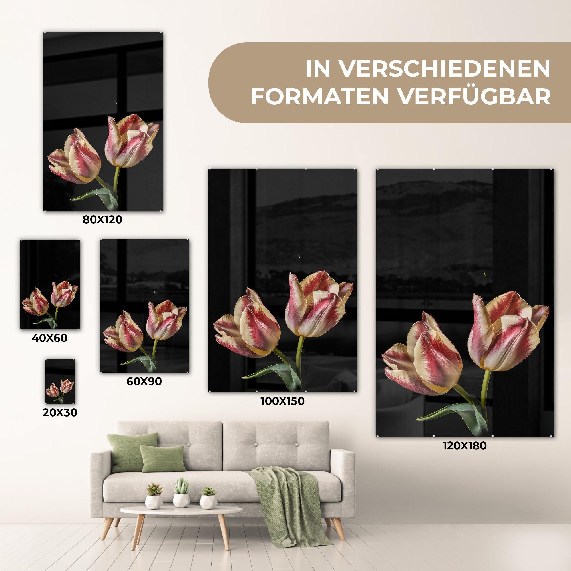 MuchoWow Acrylglasbild Tulpen - Wandbild - Natur, - auf St), Rosa - - Bilder Foto Glas Blumen Glas Weiß - - auf (1 Glasbilder Wanddekoration