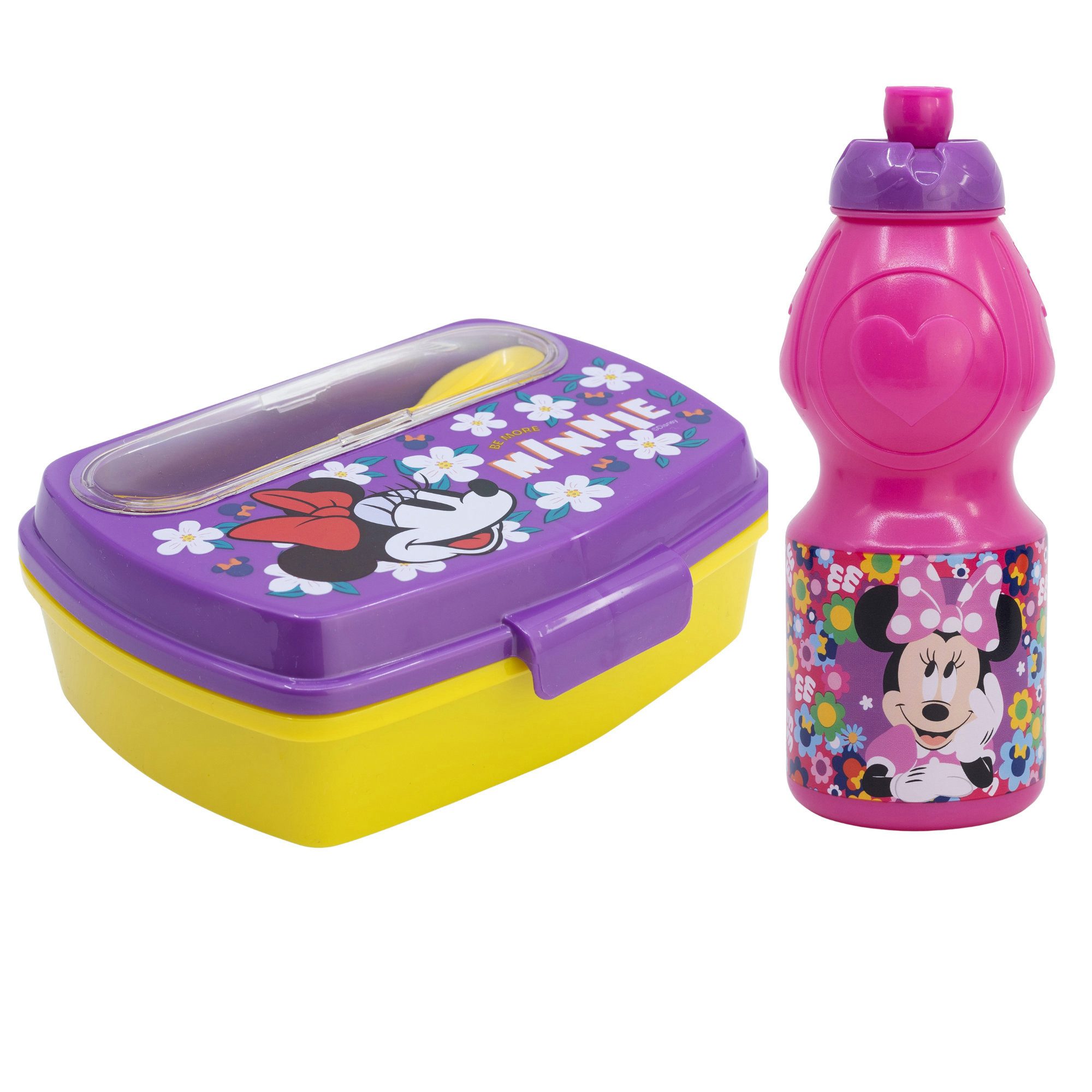 Disney Lunchbox Disney Minnie Maus 4 tlg. Set Brotdose Trinkflasche Gabel Löffel, (Spar-Set, 4-tlg., Spar-Set)