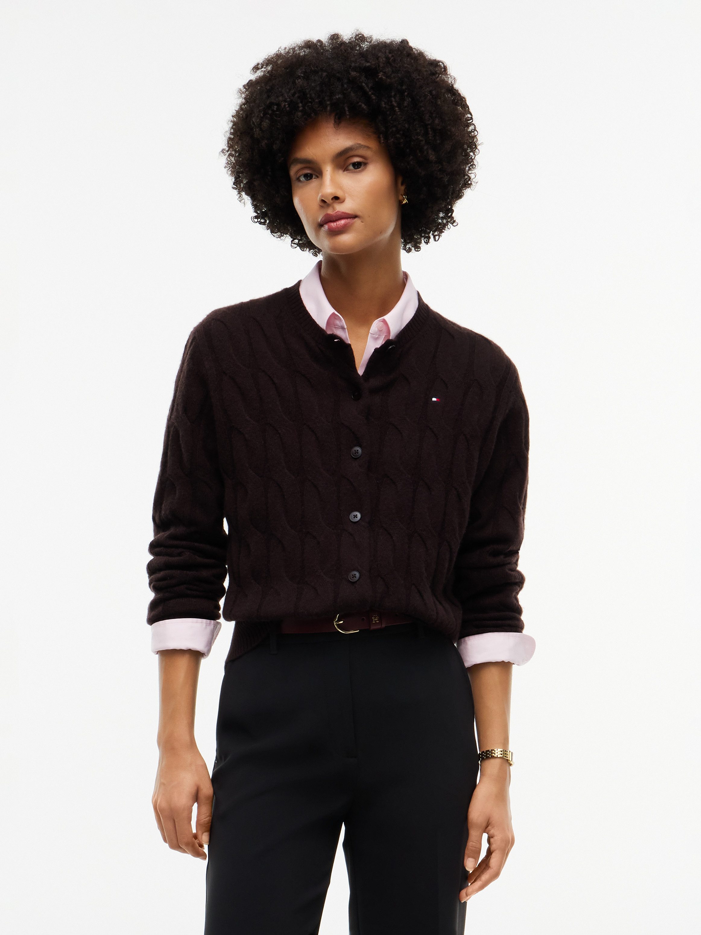 Tommy Hilfiger Strickjacke SOFT WOOL CARDI aus reiner Wolle, Zopfstrickmuster