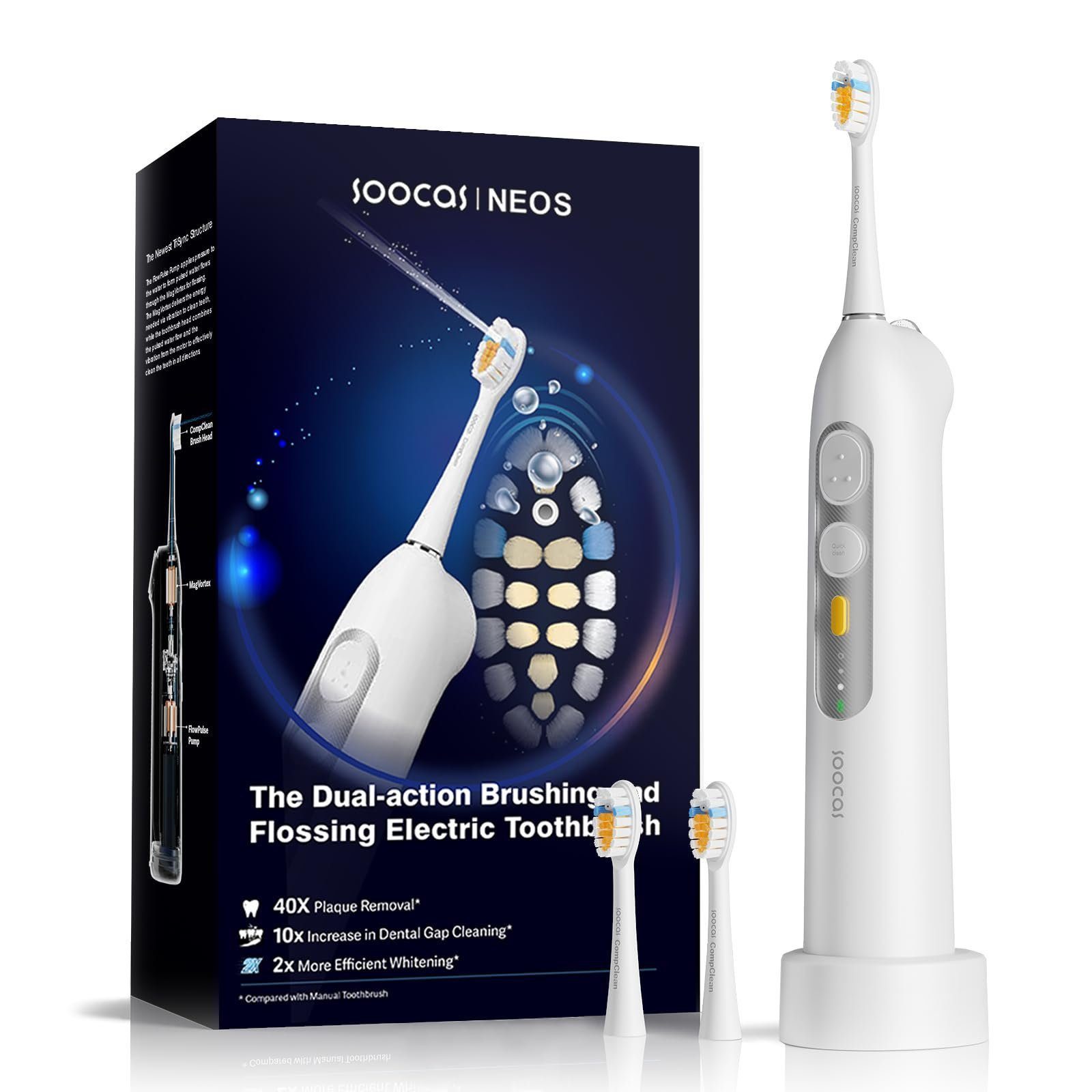 SOOCAS Elektrische Zahnbürste 2 in 1 Schallzahnbürste mit Mundduschec, Aufsteckbürsten: 1 St., Tragbar Kabellos Zahnreinigung Kit mit 2 Modi, für Reisen und Zuhause