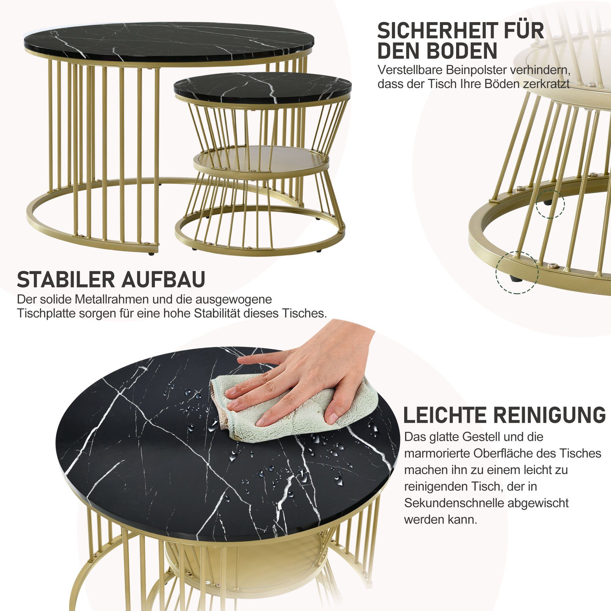 Seite Tischen Set, Design), Furnier Einzigartigrd Safety Schwarz+Gold Smart Nest REDOM 2er Marmor Dauerhaft Endtische und (Solid von Schlafzimmer Design Beistelltisch Balkon und Sofa für Couchtisch Satz Runde