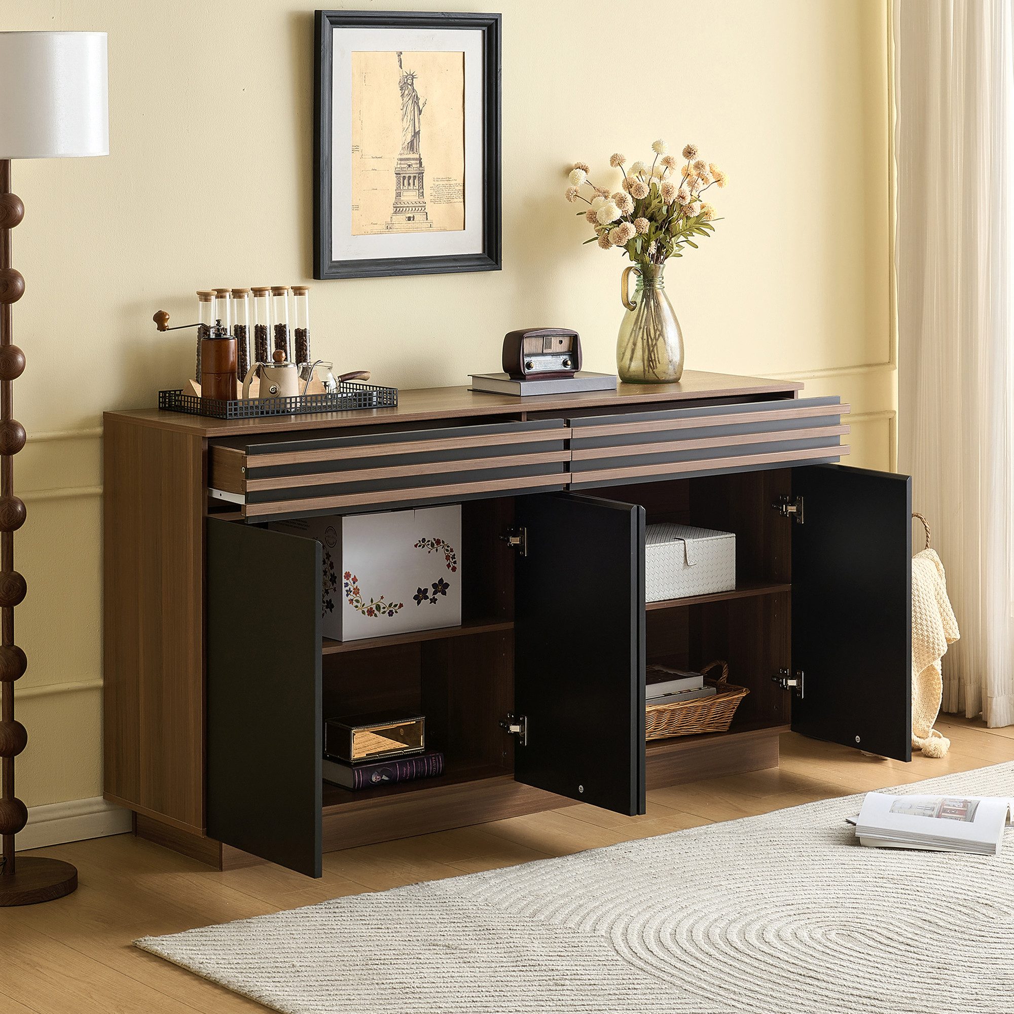 OKWISH Sideboard in brauner Holzoptik (Kommode, Anrichte, Wohnzimmerschrank, 1 St., 2 Schubladen, 4 Türen), Höhenverstellbare Trennwände