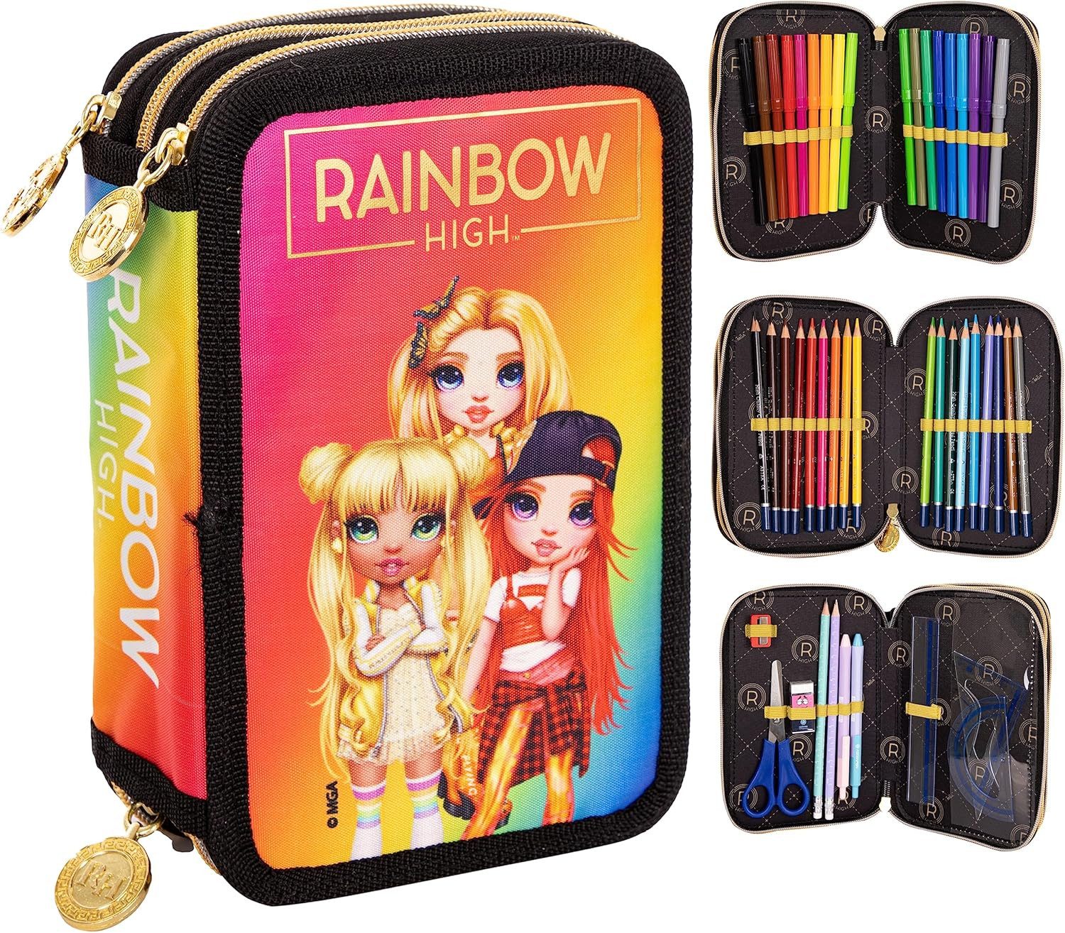 GOLDKIDS Federmäppchen Federtasche 3-fache Federmappe, (Rainbow High Golden Style Motiv Federmäppchen, 1-tlg., 46-teilig gefüllte Schüleretui Stifte und Pinsel inkl), Aufgabenheft Federbox Etui Schul-Etui