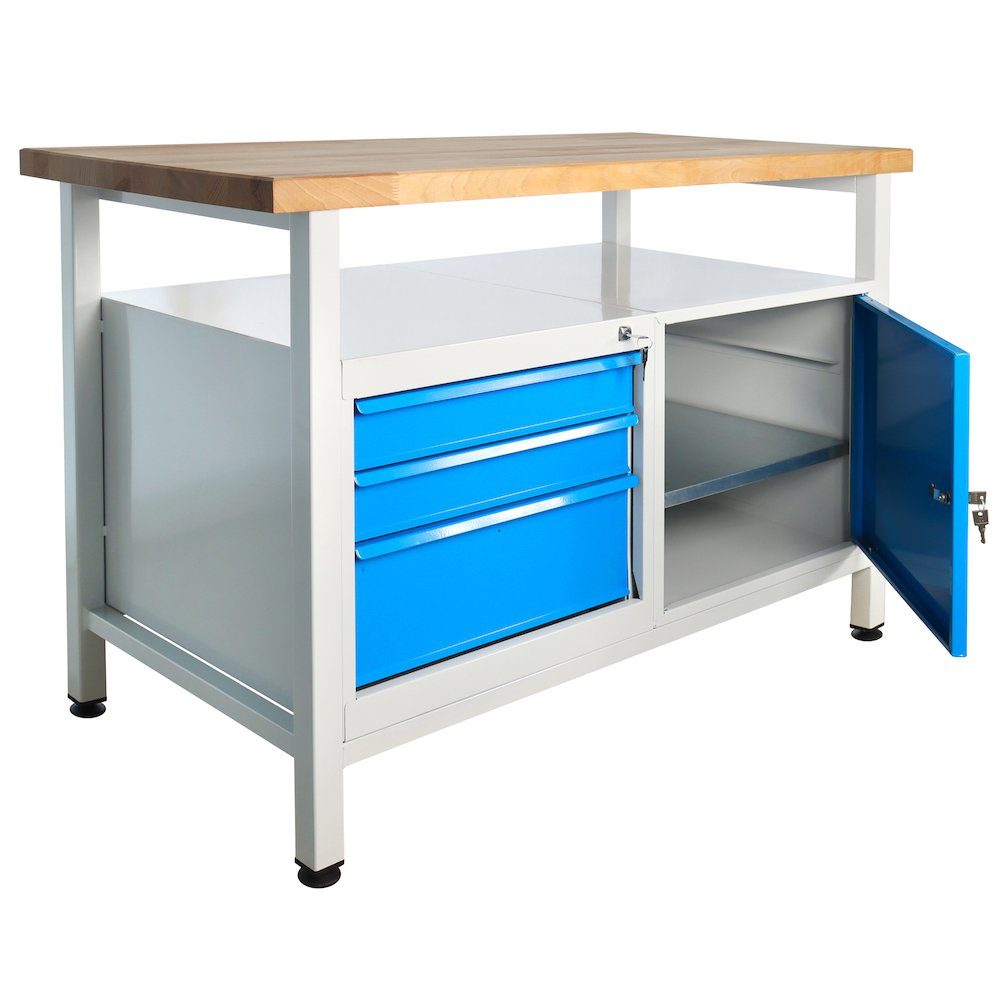 PROREGAL® Werkbank + Tür, Ablagefläche mit Grau/Blau 1 Rhino + Lichtblau 3 Werkbank Schubladen