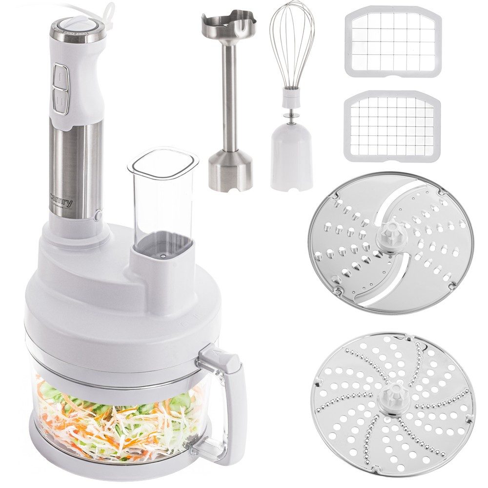 Camry Handmixer CR 4623w Multifunktions-Mixer-Set Stabmixer Set mit Schneebesen, 1600 W, Kartoffelstampfer, Würfelschneider, Reibe, Weiß Silber