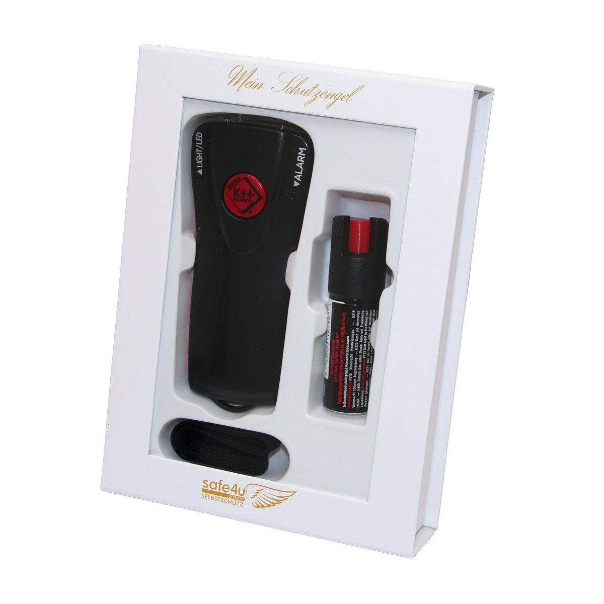 KH Security Marderspray Geschenkbox: Alarm-Taschenlampe schwarz + Pfefferspray, Reichweite von bis zu 5 Metern