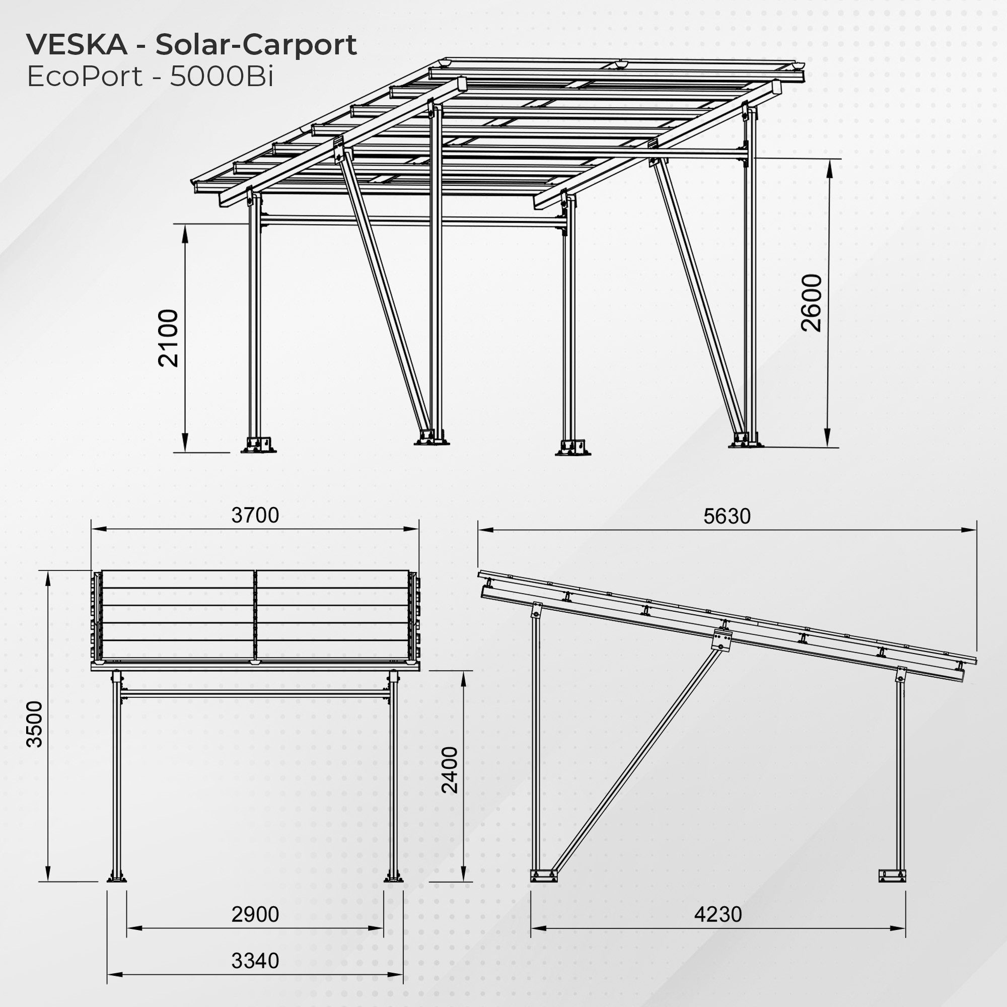VESKA Solarmodul Solar Carport Glas/Glas PV Garage, 5250,00 W, Monokristallin, (Aluminium Solarcarport 5,60 x 3,70m - 5,25KW - EcoPort 5000Bi) – Bild 5 von 5