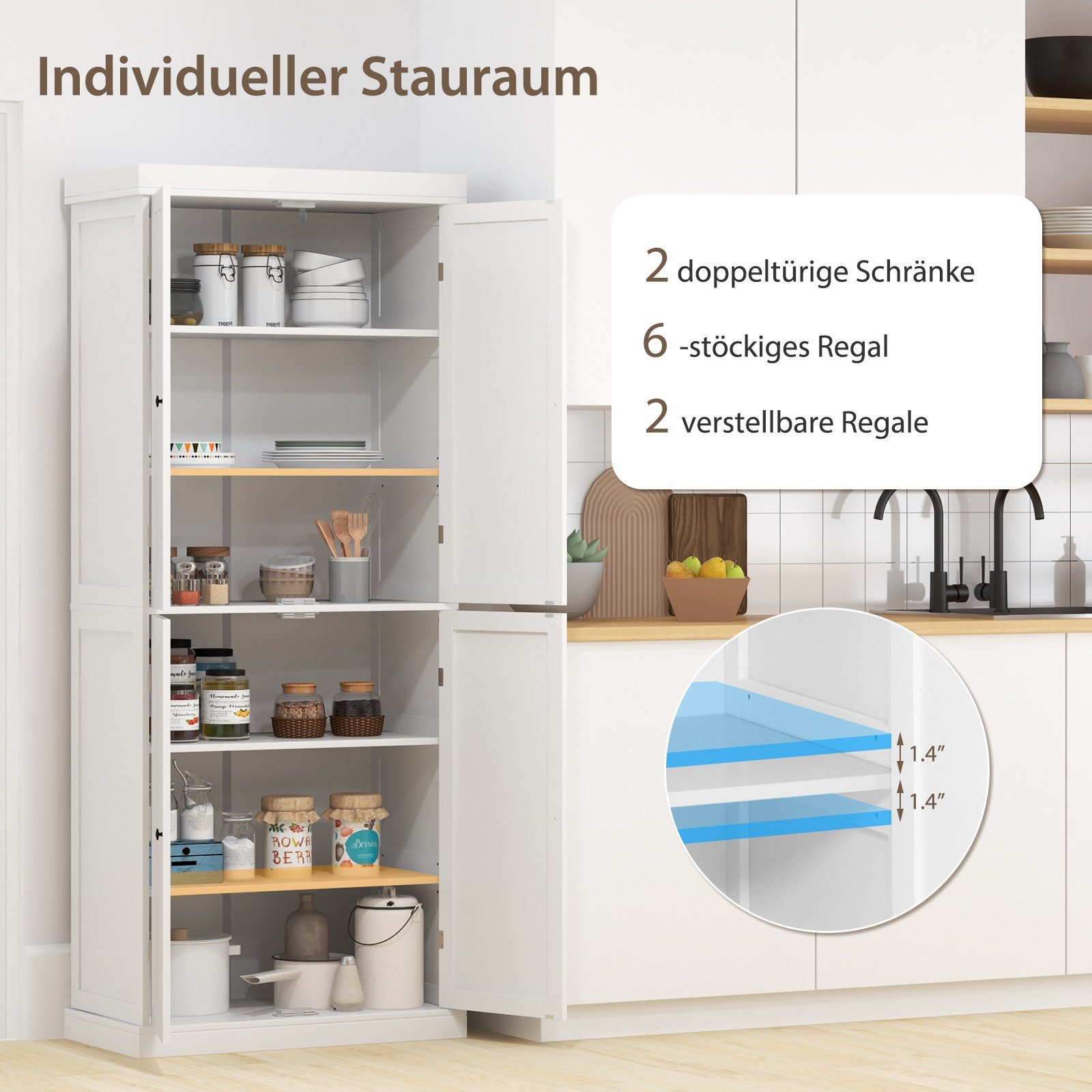 COSTWAY Kitchen Buffet, Kitchen Cabinet, Pantry Cabinet, 185cm, White