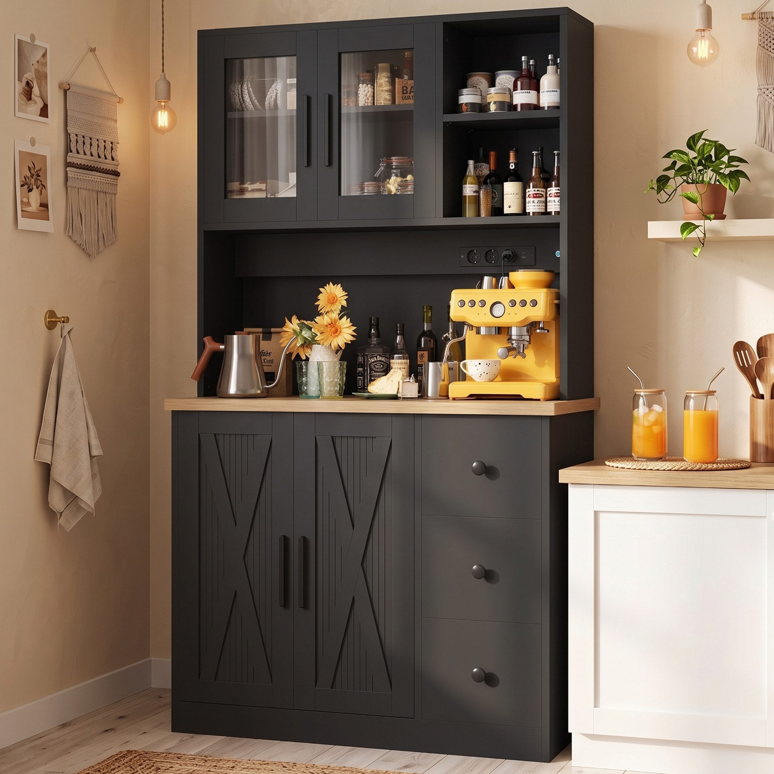 HOMALL Highboard Küchenbuffet Sideboards,Geschirr Insel Schrank (mit LED-Beleuchtung,Steckdose,staubgeschützter Glastür)
