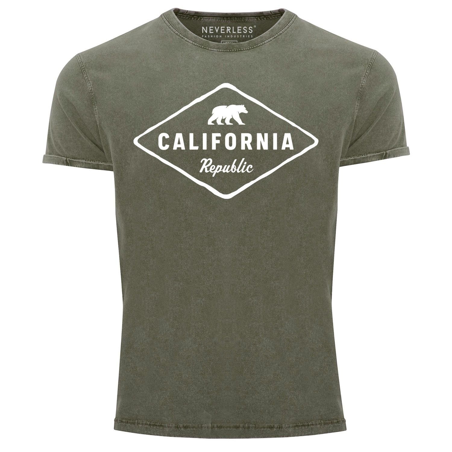 Neverless Print-Shirt Herren Vintage Shirt California Republic Bear Badge Bär Sunshine State USA Printshirt T-Shirt Aufdruck Neverless® mit Print oliv