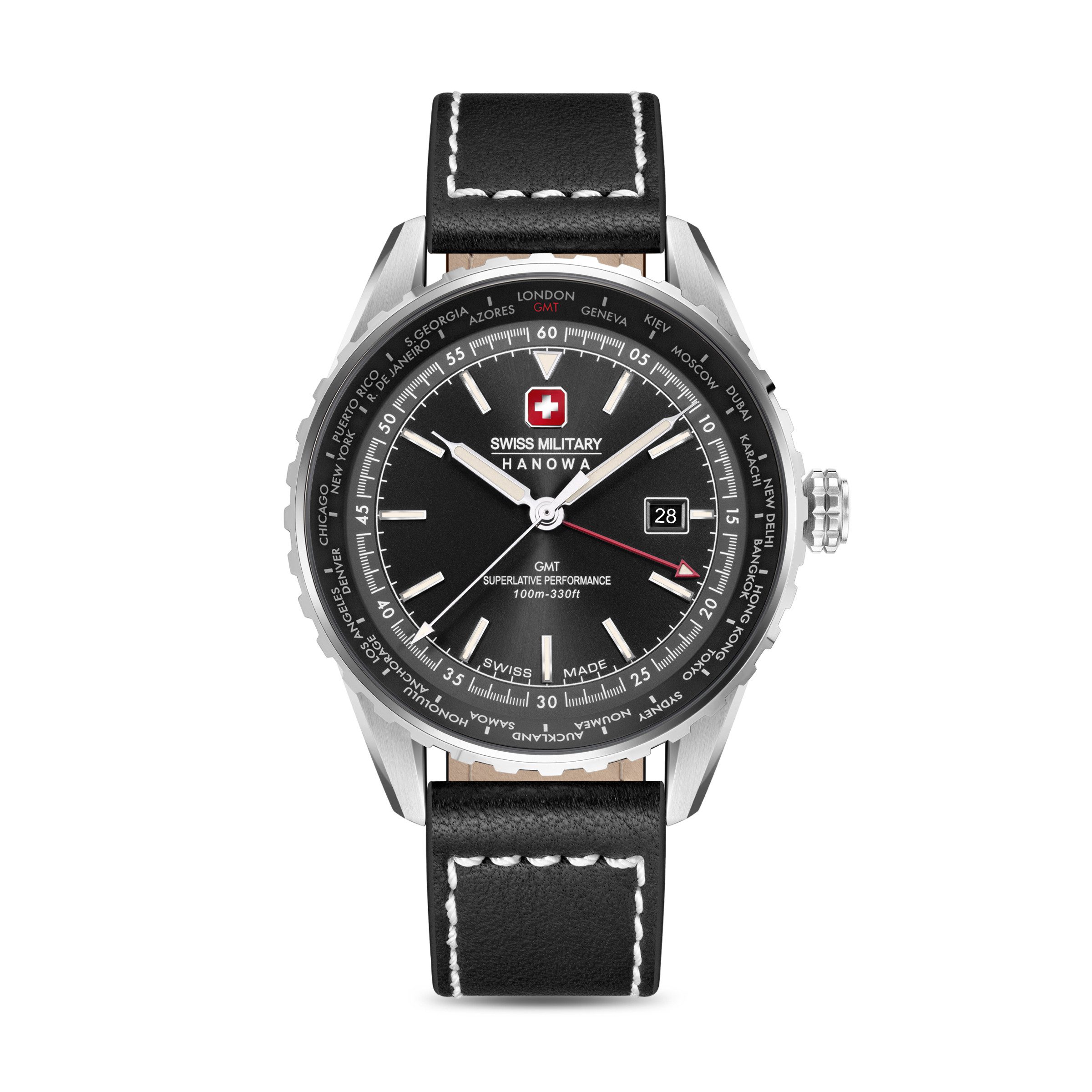 Swiss Military Hanowa Quarzuhr Afterburn GMT SMWGB0003201, Armbanduhr, Herrenuhr, Swiss Made, Lederarmband, analog, Tag