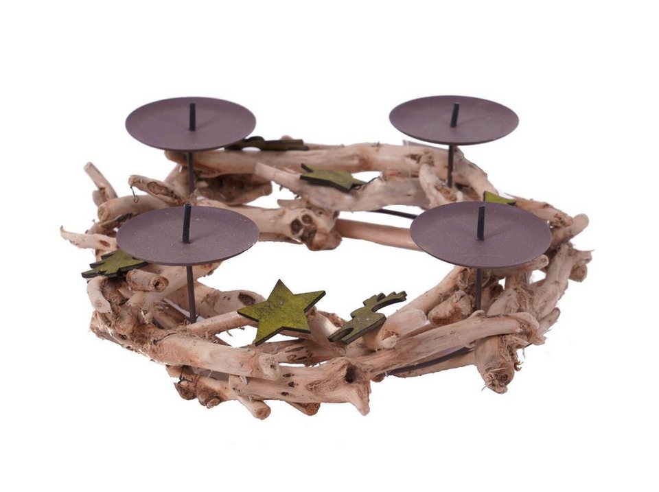 Spetebo Adventskranz Kerzenhalter 4er 30 cm - 4 Kerzenteller, 4  Kerzenteller auf natur Holz Kranz