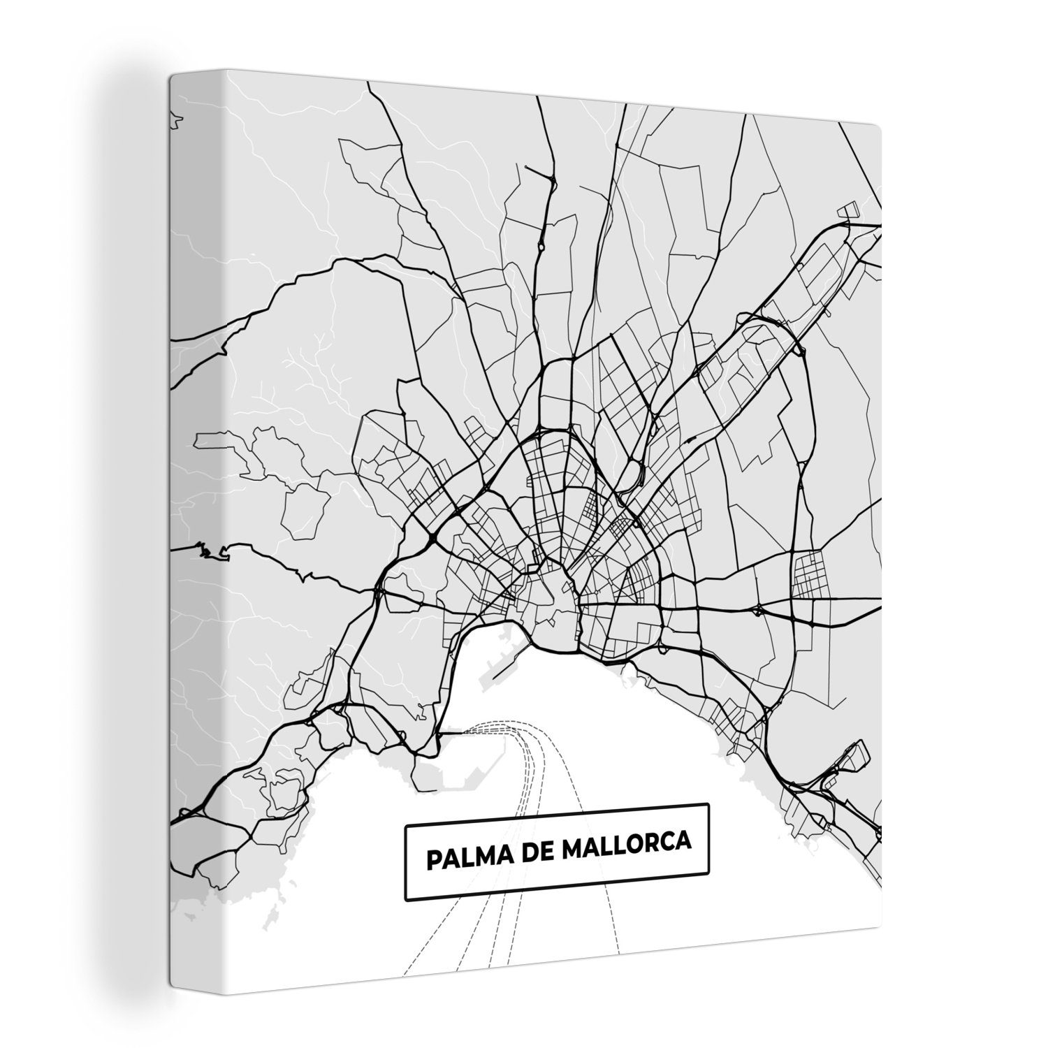 OneMillionCanvasses® Leinwandbild Mallorca - Stadtplan - Schwarz und weiß - Karte, (1 St), Leinwand Bilder für Wohnzimmer Schlafzimmer