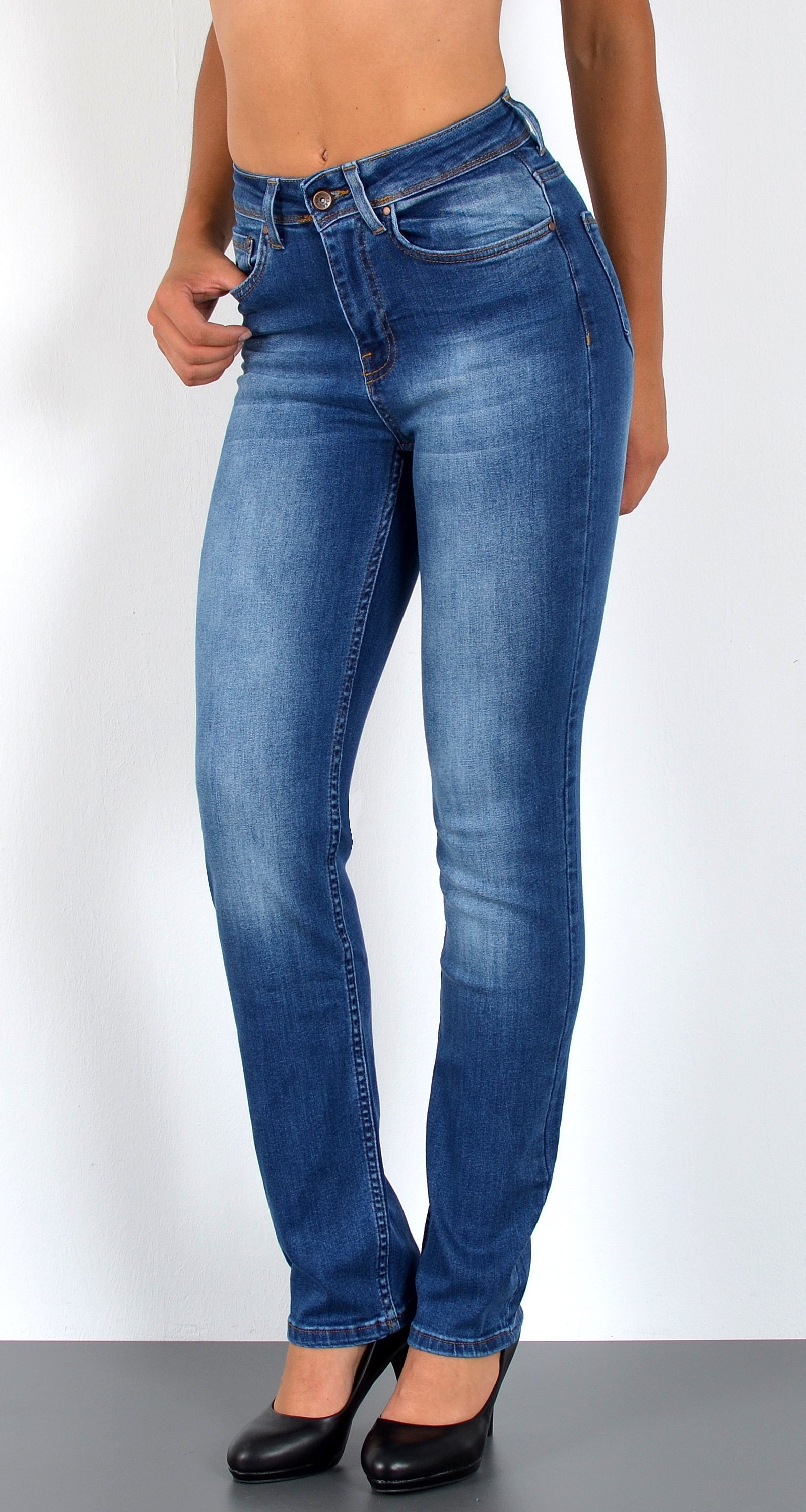 ESRA Straight-Jeans High Waist Straight Fit Jeans Damen Geradeschnitt Hose Straight High Waist Damen Jeans Straight Hose Gerade Schnitt Jeanshose Stretch