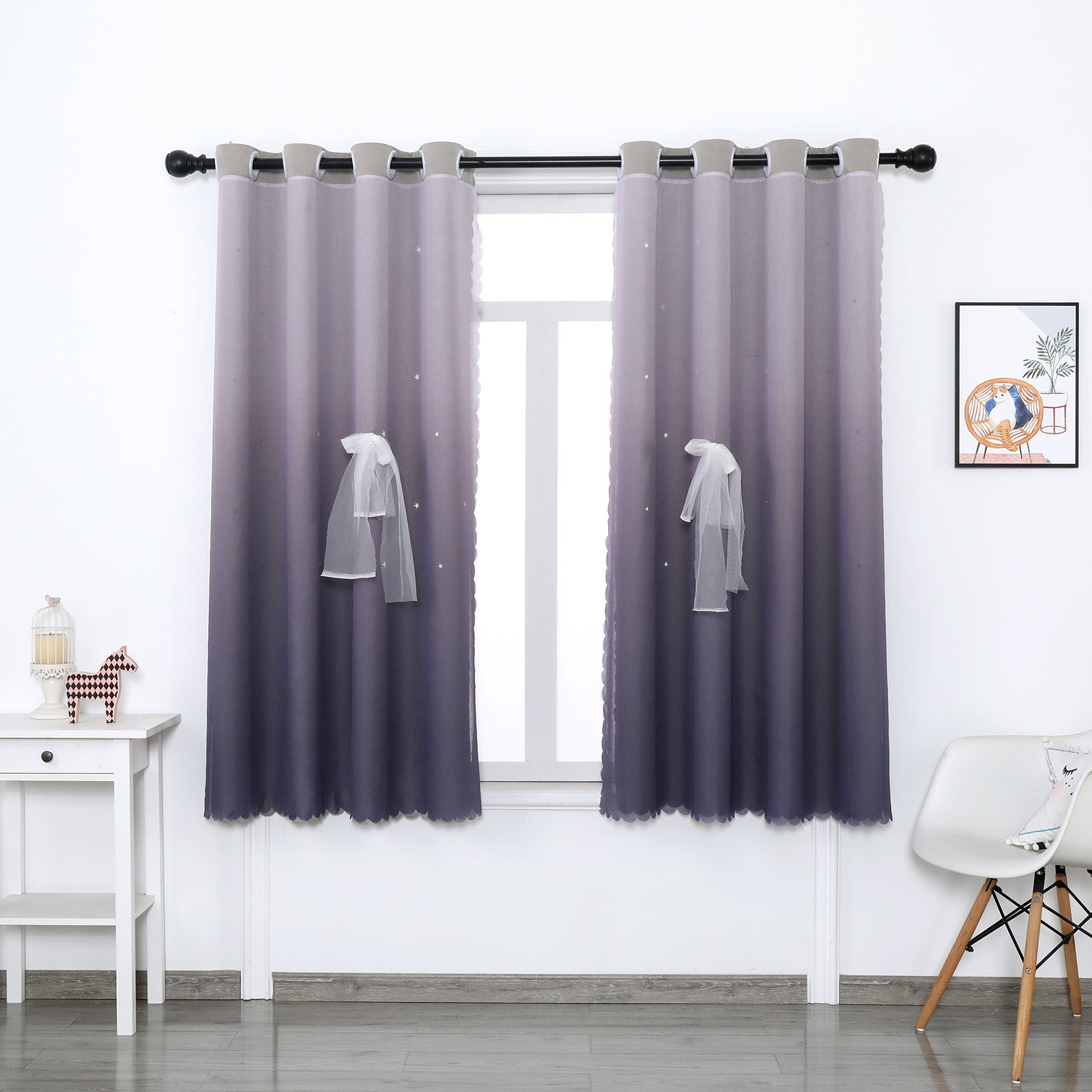 Rosnek Vorhang Doppellagig, Tüll, ausgehöhlte Sterne, Öse, für Kinderzimmer (2 St), H×B: 160×132;213×132;243×132, Schleife