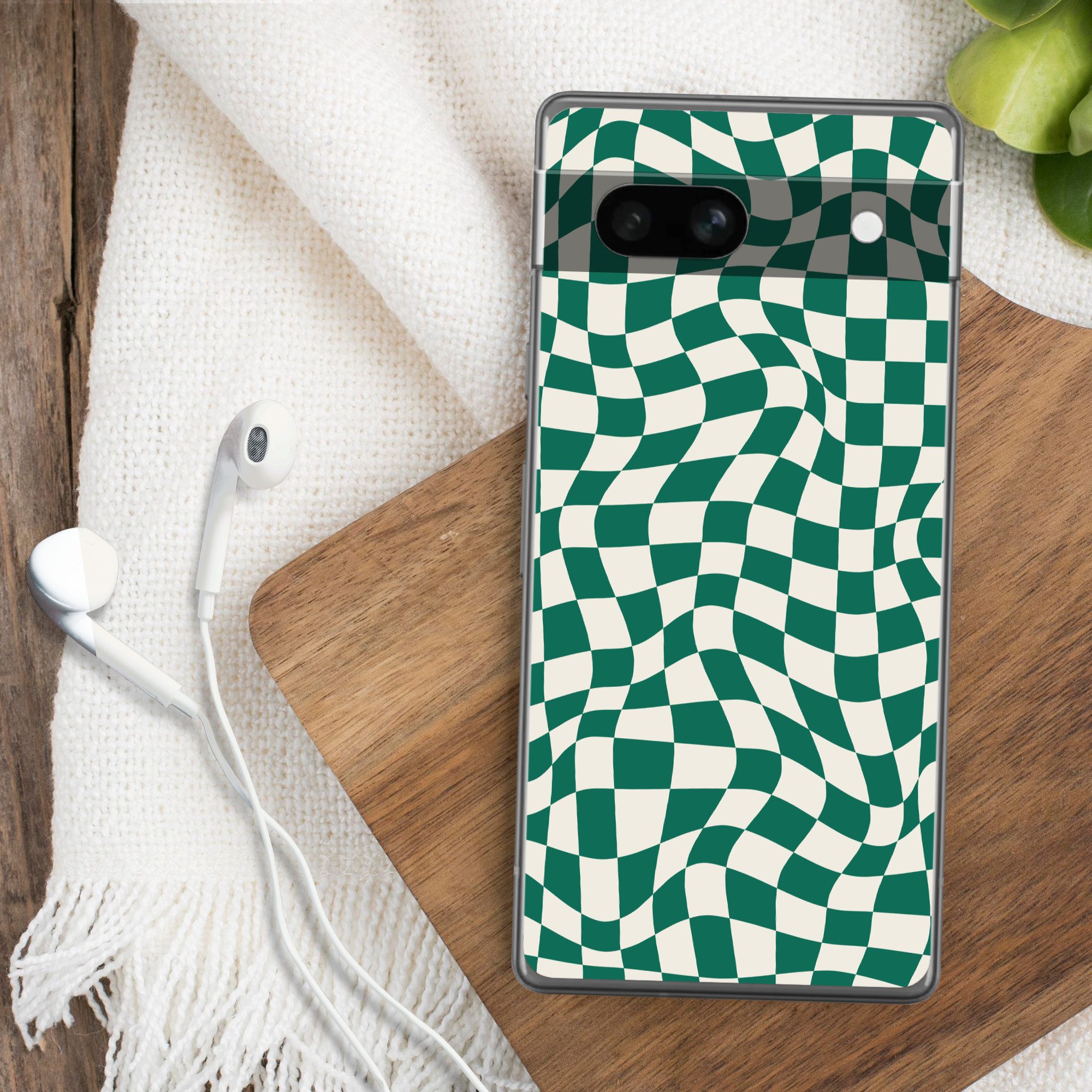MuchoWow Handyhülle für Google Pixel 7a Gewellte Boxen - Grün - Weiß - Abstrakt, Handy Case, Silikon, Bumper Case Dünn