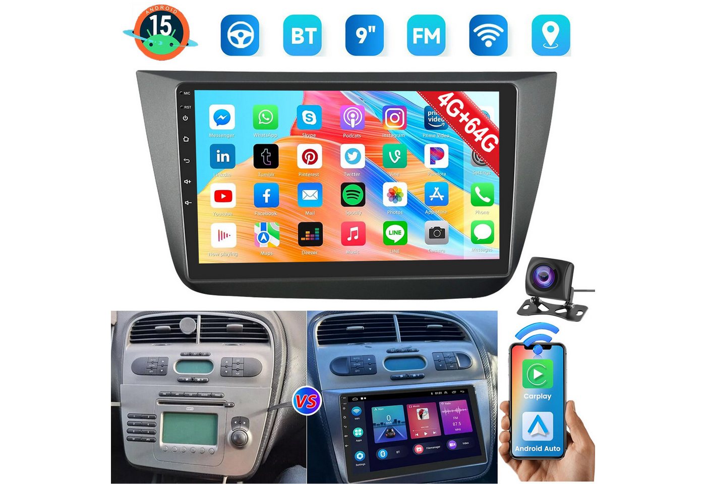 ESSGOO Für Seat Altea Toledo 2004-2015 Android15 mit CarPlay GPS Navi und RDS Autoradio (4+64GB(optional), FM, AM, DAB+ (optional), Carplay Android Auto Bluetooth EQ USB GPS Navi WIFI Touchscreen)