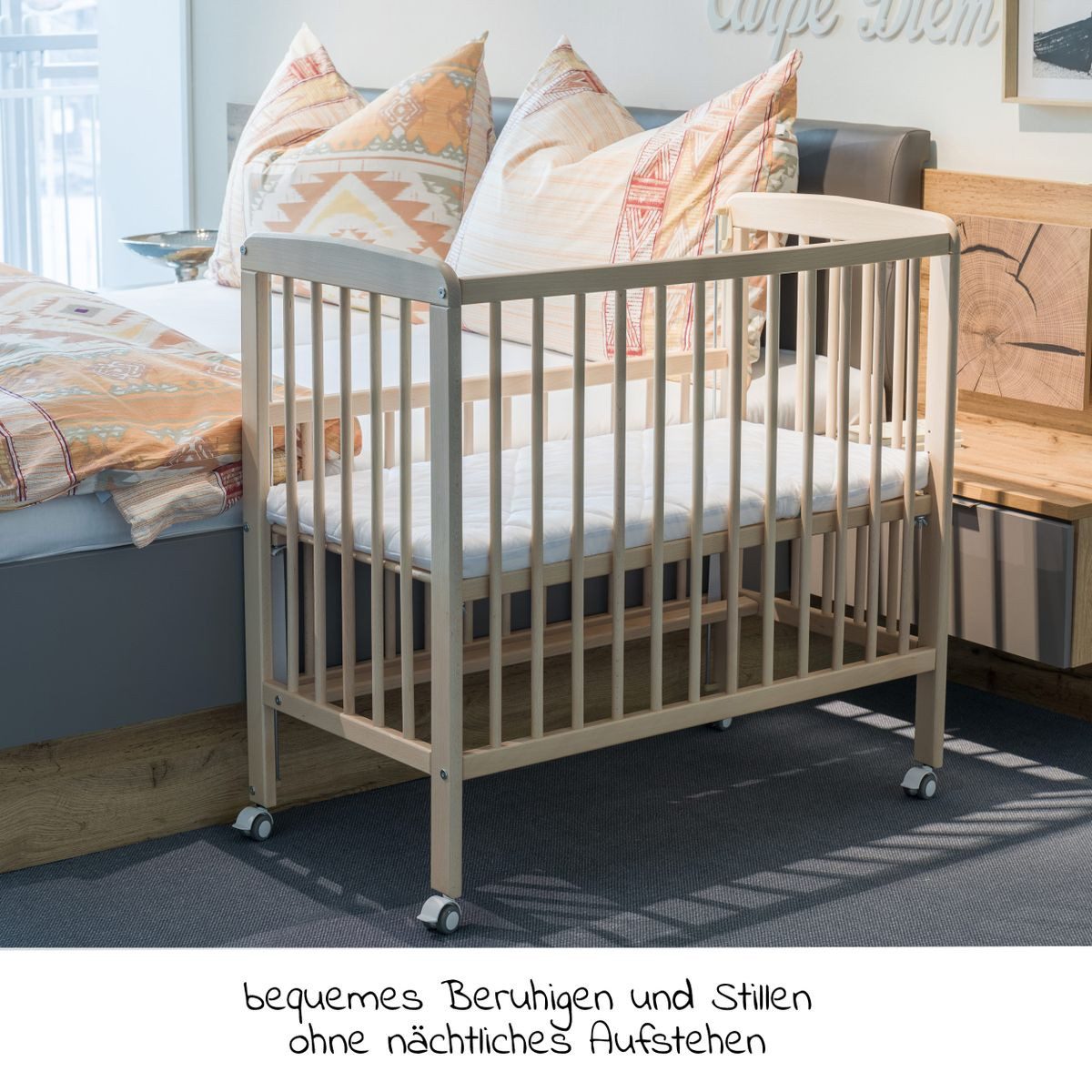 Fillikid Beistellbett Nino - Natur, Stubenwagen Stubenbett auch für Boxspringbett verstellbar mit Rollen