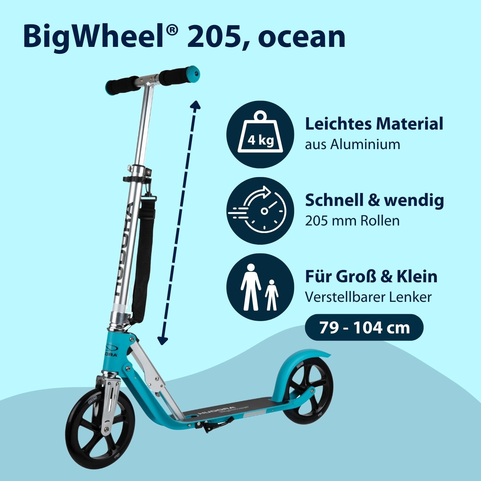 Hudora Cityroller BigWheel® 205 Tretroller - Höhenverstellbar & zusammenklappbar, (Kinder- & Erwachsenenroller für bis zu 100kg - Tretroller mit Ständer, Stabiler Aluminium-Roller), einklappbarer, höhenverstellbarer Kick-Scooter