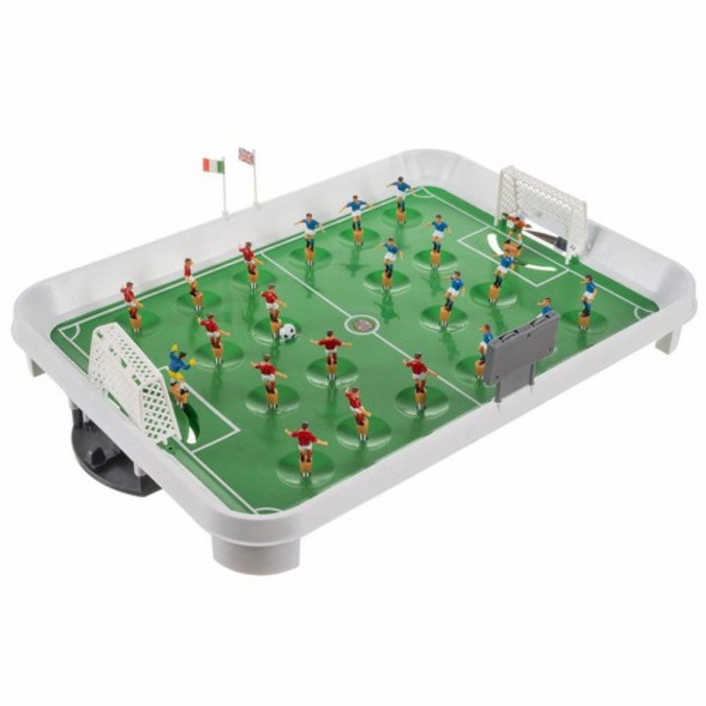 KRUZZEL Tischfußballspiel Fußballspiel Kicker XXL (Spar-Set, 1-tlg., Punktebrett), Durch Spannen der Feder spielen sie den Ball