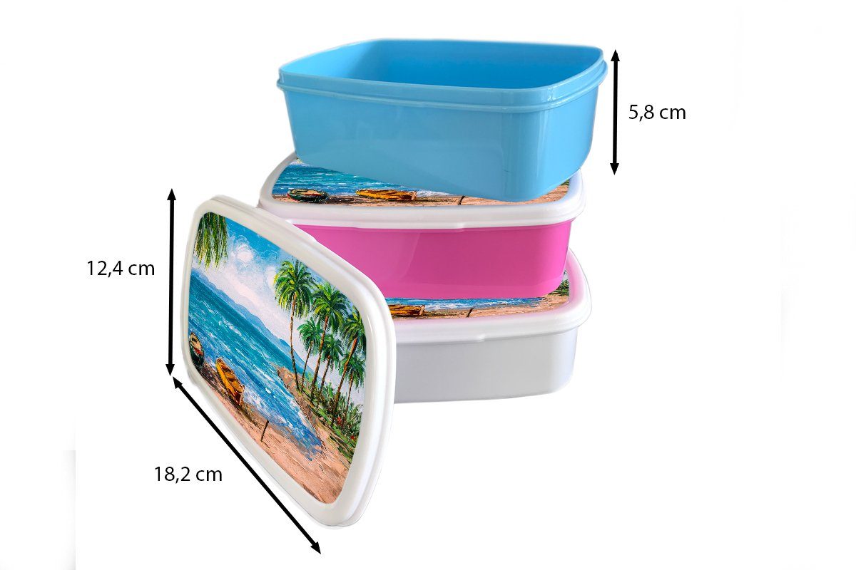 auf und Brotbox (2-tlg), für - Strand Leinwand MuchoWow Kinder weiß Lunchbox für - Gemälde Öl Palme Jungs Mädchen Boot, - und Kunststoff, - Erwachsene, Brotdose,