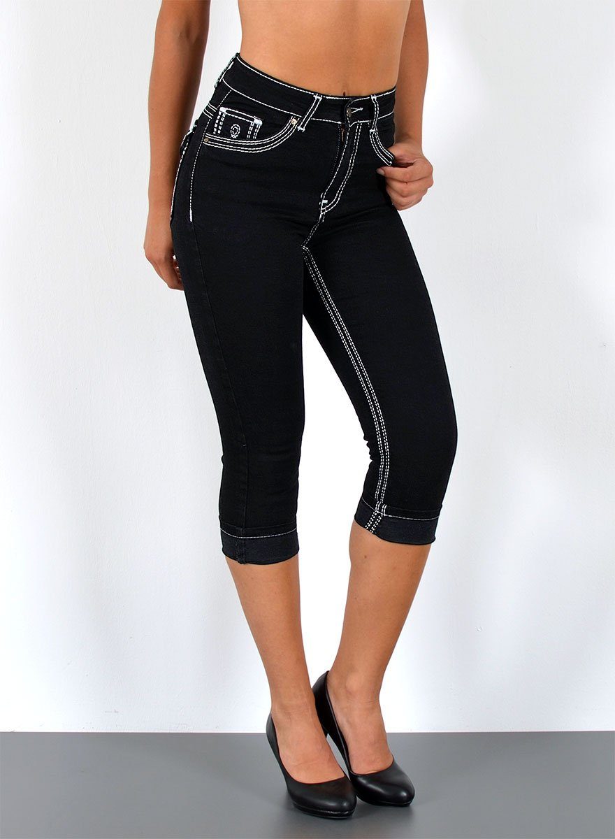 ESRA Caprijeans Damen 3/4 Capri Jeans-Hose mit Kontrast-Nähte bis Große Größen J563 Damen High Waist Capri Jeans Stretch Jeans dicke Naht bis Übergröße