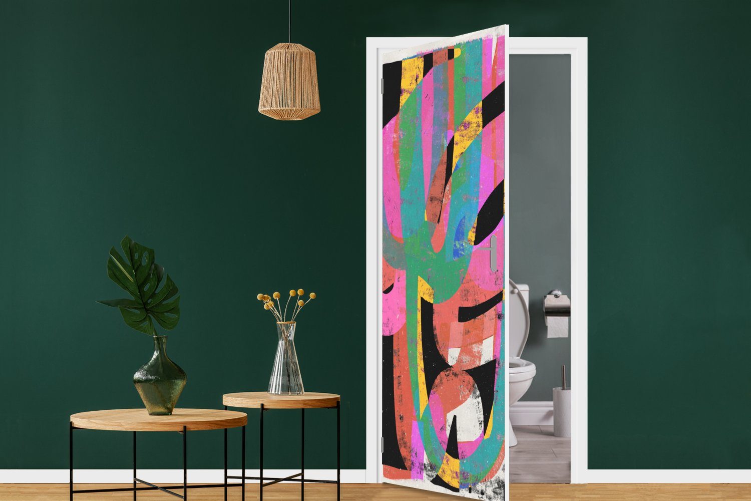 MuchoWow Türtapete Abstrakt (1 für Türaufkleber, - Fototapete St), Tür, Grün Kunst, Farben - - Matt, bedruckt, - Rosa cm 75x205