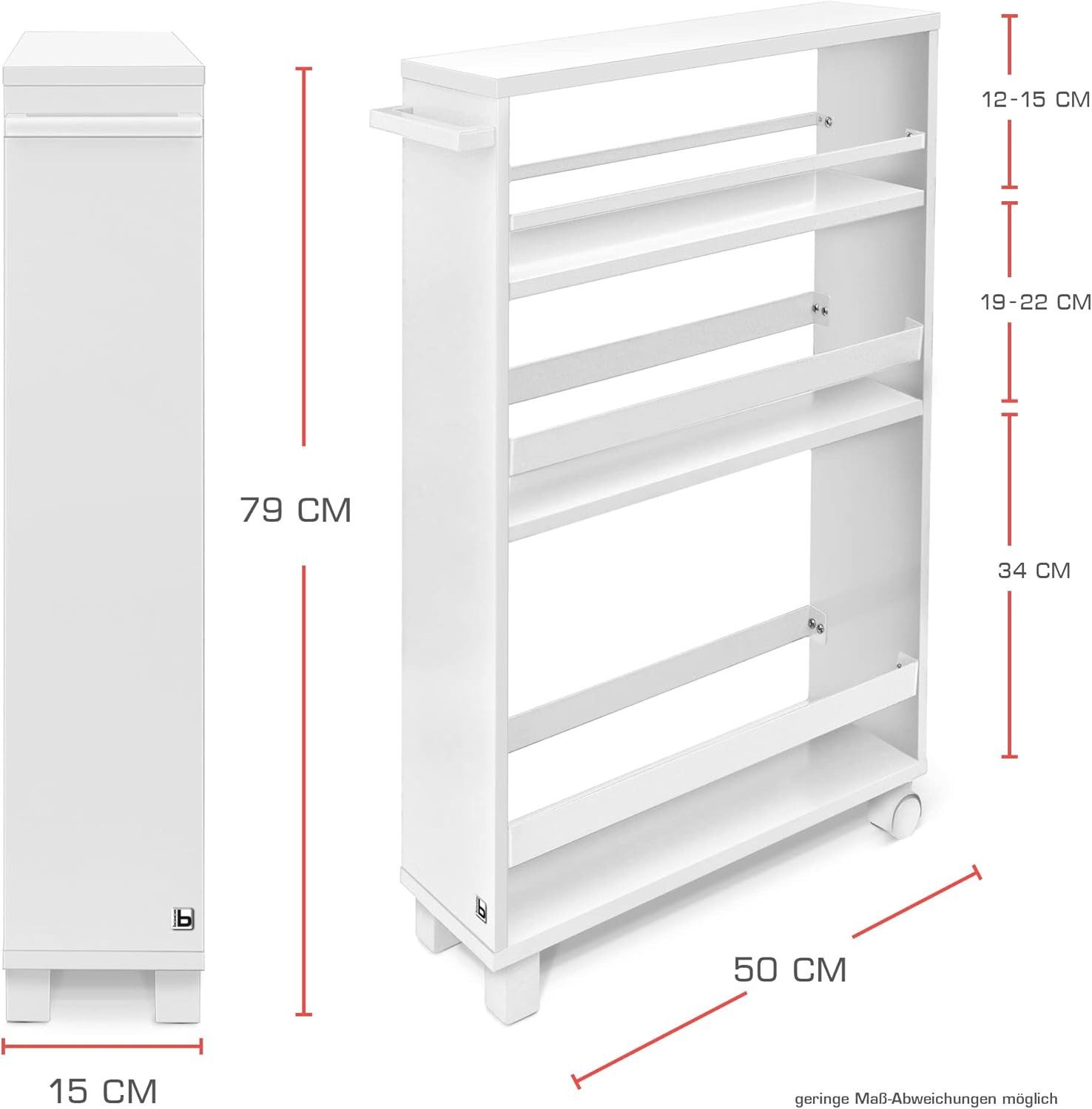 bomoe Küchenwagen Nischenregal 15cm breit Hylla, 79x50cm, Weiß, Küchenwagen Küchenregal Schmal – Rollwagen 3 Fächer & Arbeitsplatz