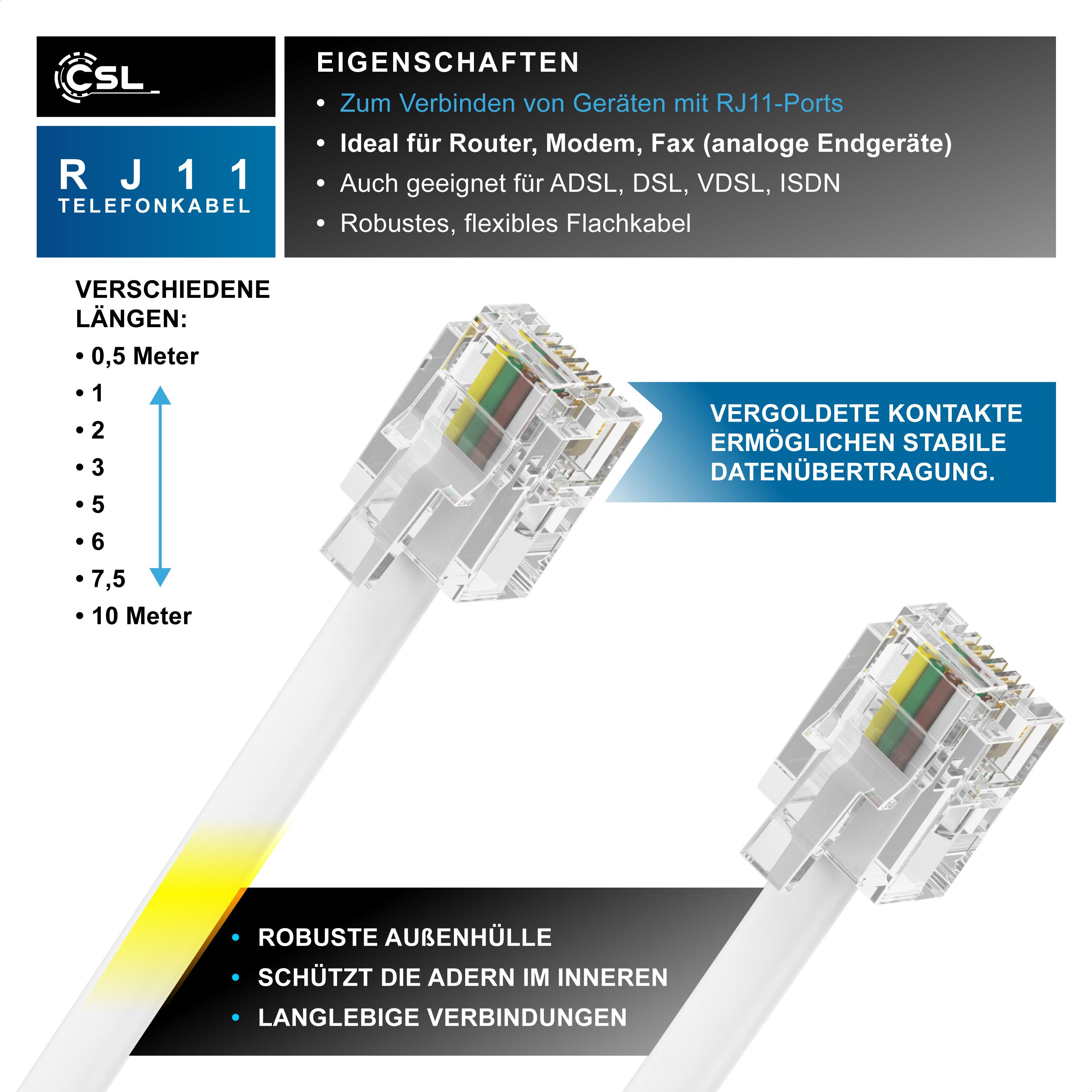 CSL Flachkabel RJ11 zu RJ 11, Router zu Telefon Fax Anrufbeantworter 7,5 m Telefonkabel, RJ-11, RJ-11 (750 cm), Modularkabel, Telefonanschlusskabel, Modem, DSL, VDSL, ISDN, flach