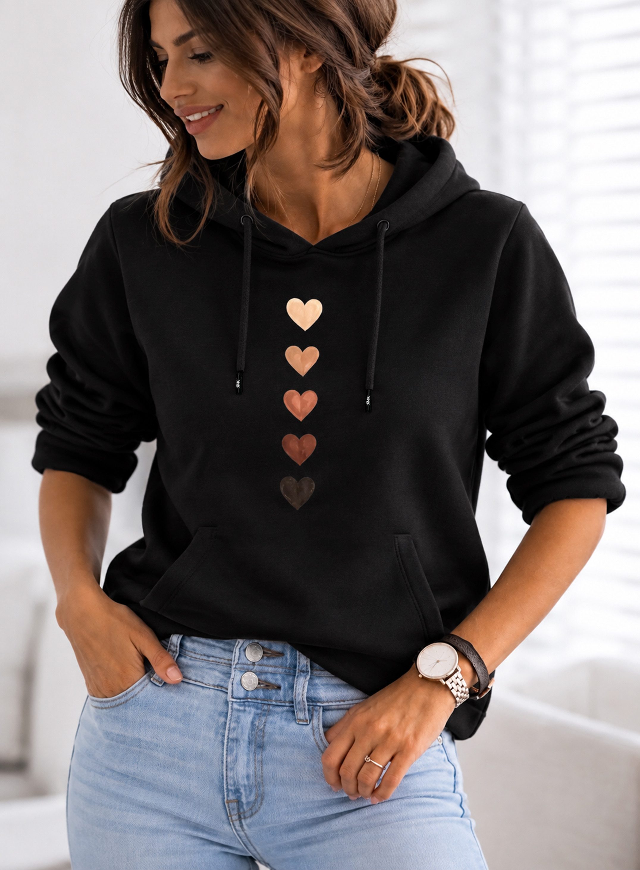 RMK Hoodie Kapuzenpullover Damen Winter Pullover Fleece Basic Herz