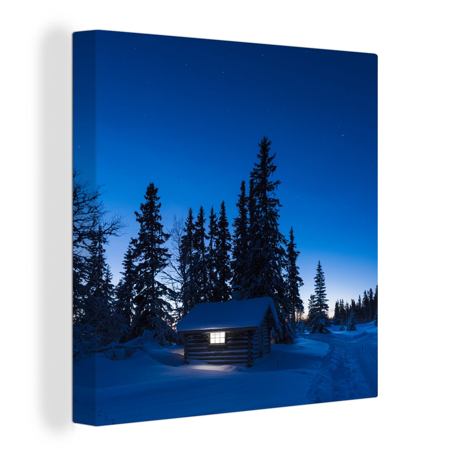 OneMillionCanvasses® Leinwandbild Eine Blockhütte in einer dunklen Schneelandschaft, (1 St), Leinwand Bilder für Wohnzimmer Schlafzimmer