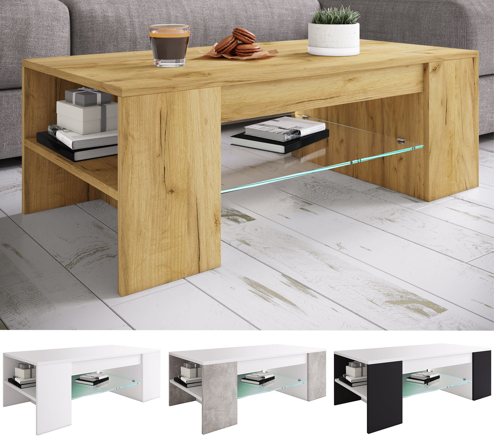 VCM Couchtisch Holz Sofatisch Couchtisch Schublade Glas Tunas Weiß